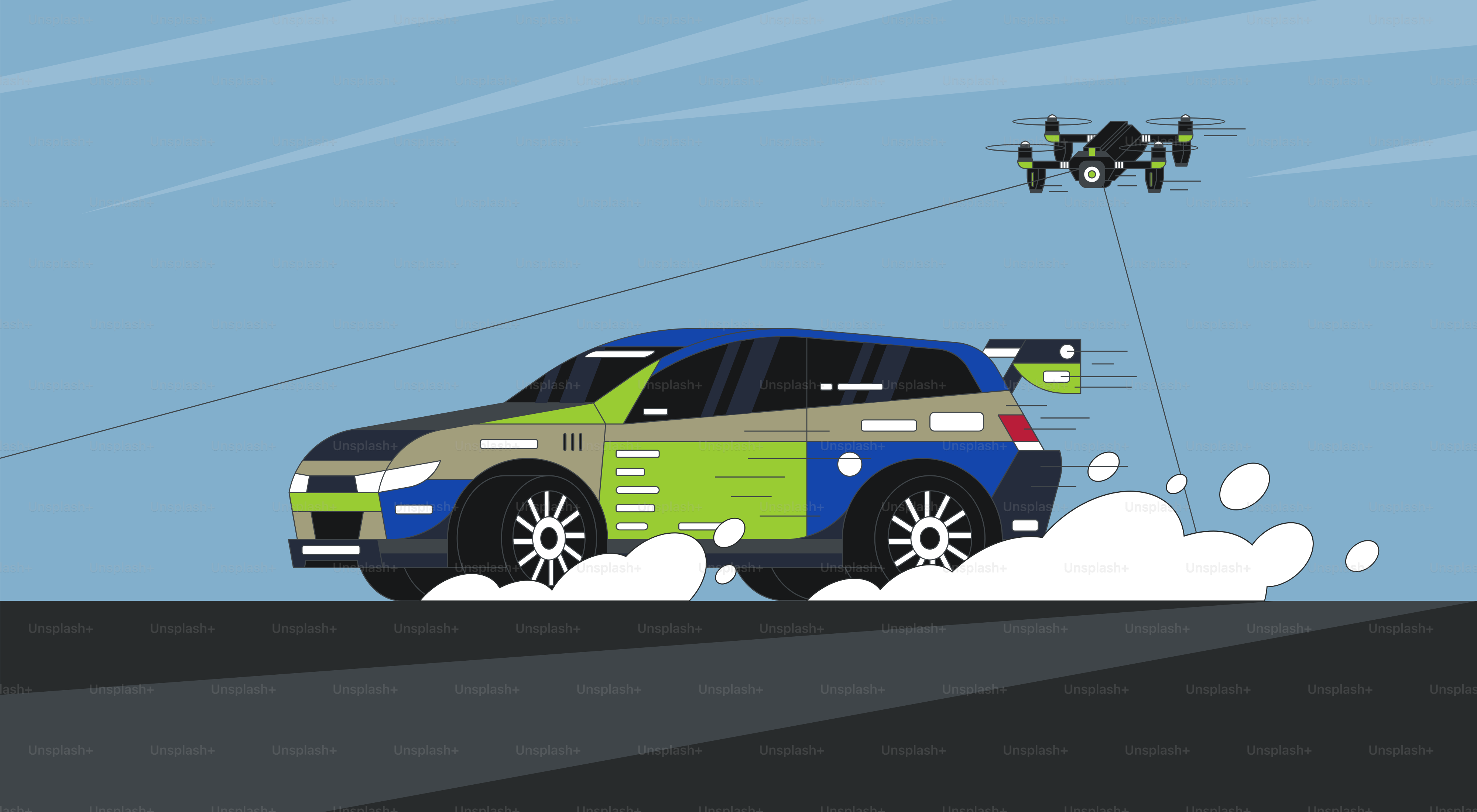 A green and blue car flying through the air