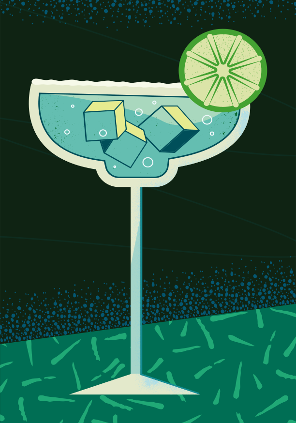 A picture of a drink with a lime on the rim