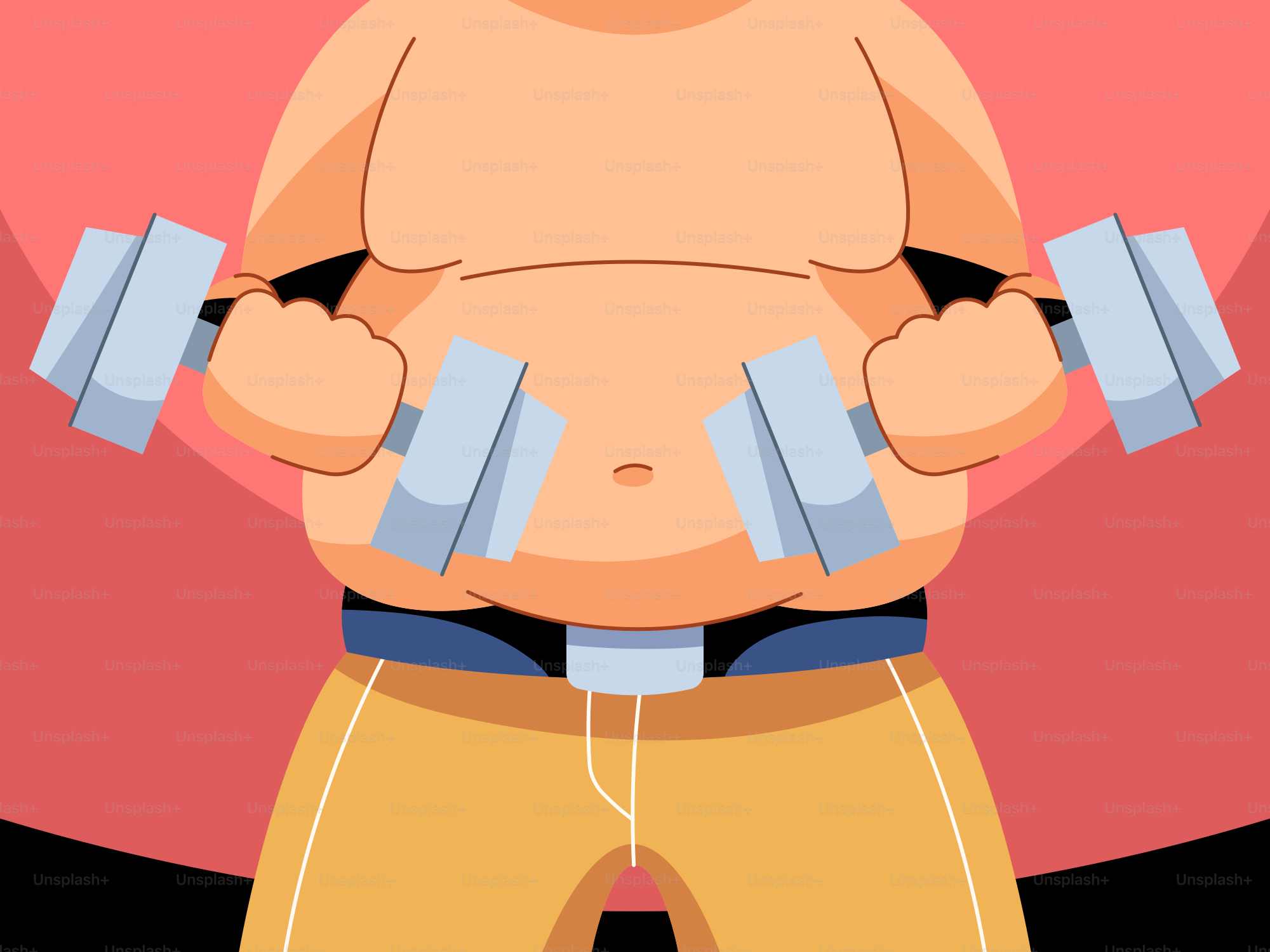 A fat man with dumbbells in his hands