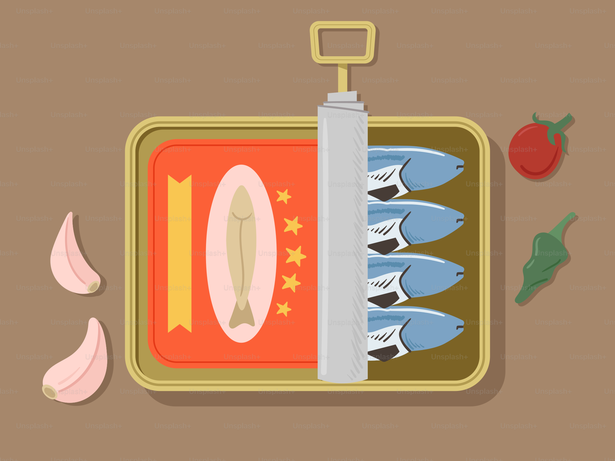 An illustration of a tin with a bunch of fish inside of it