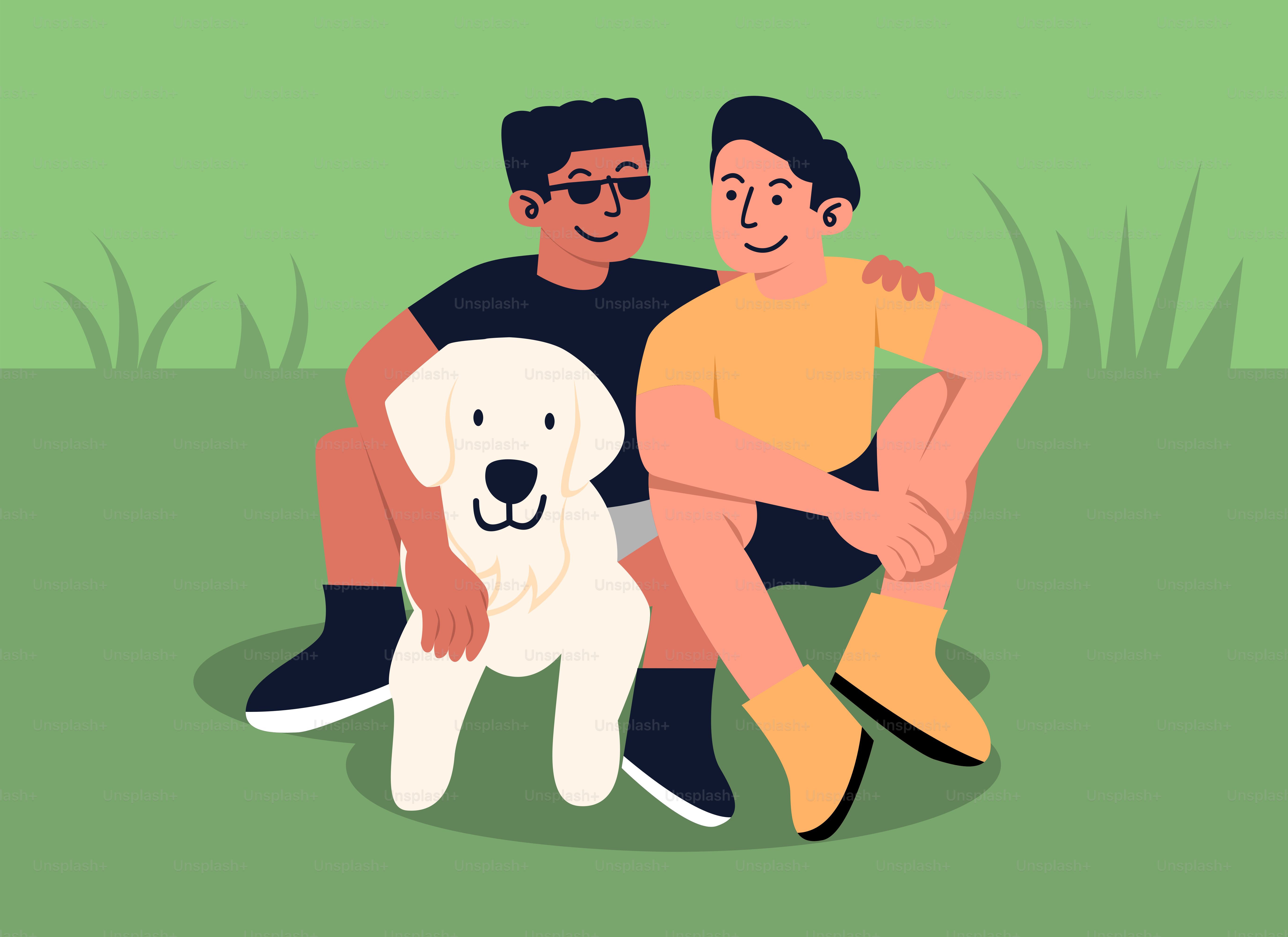 Two people sitting on a bench with a dog