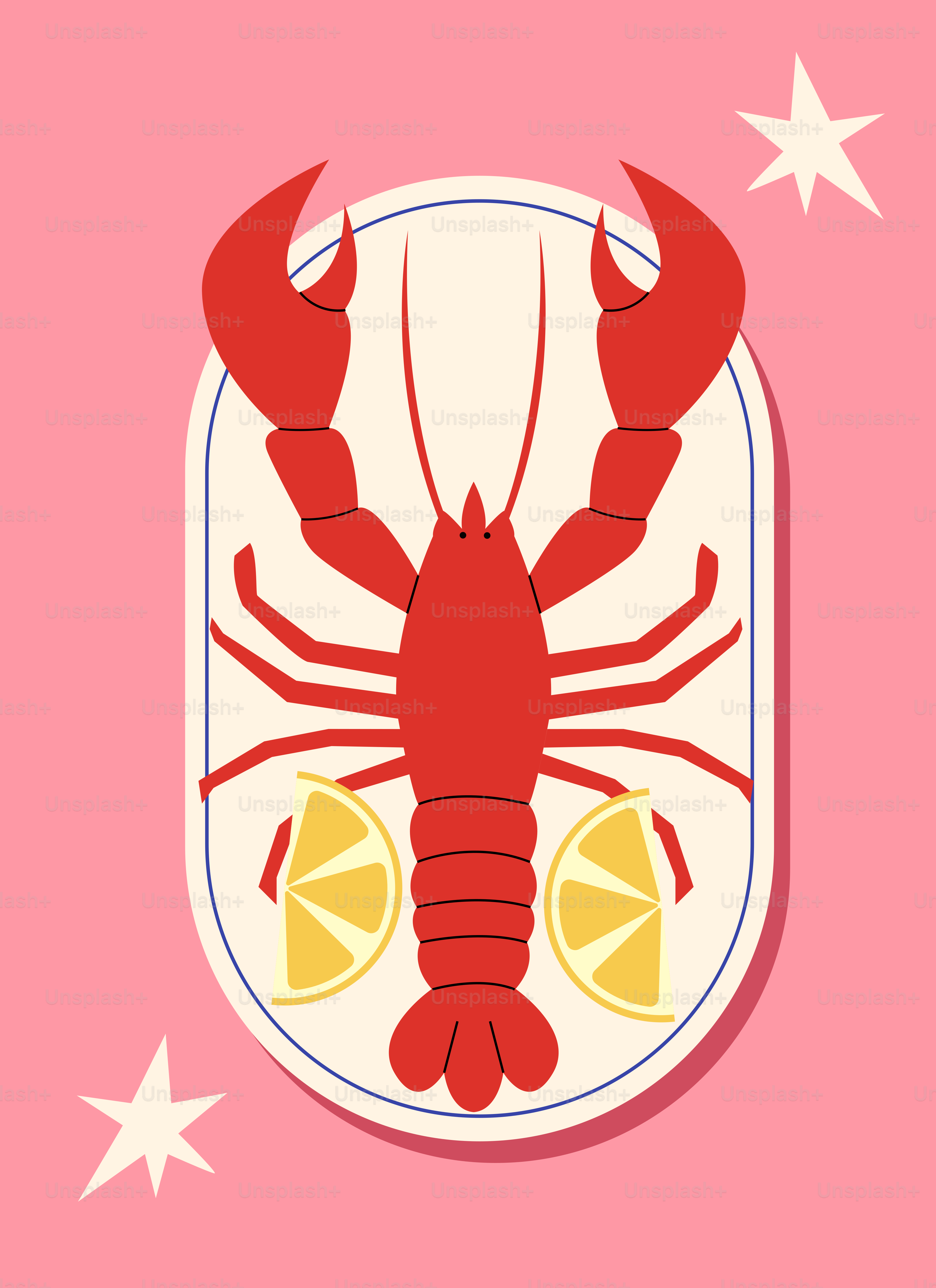 A lobster on a plate with lemon slices