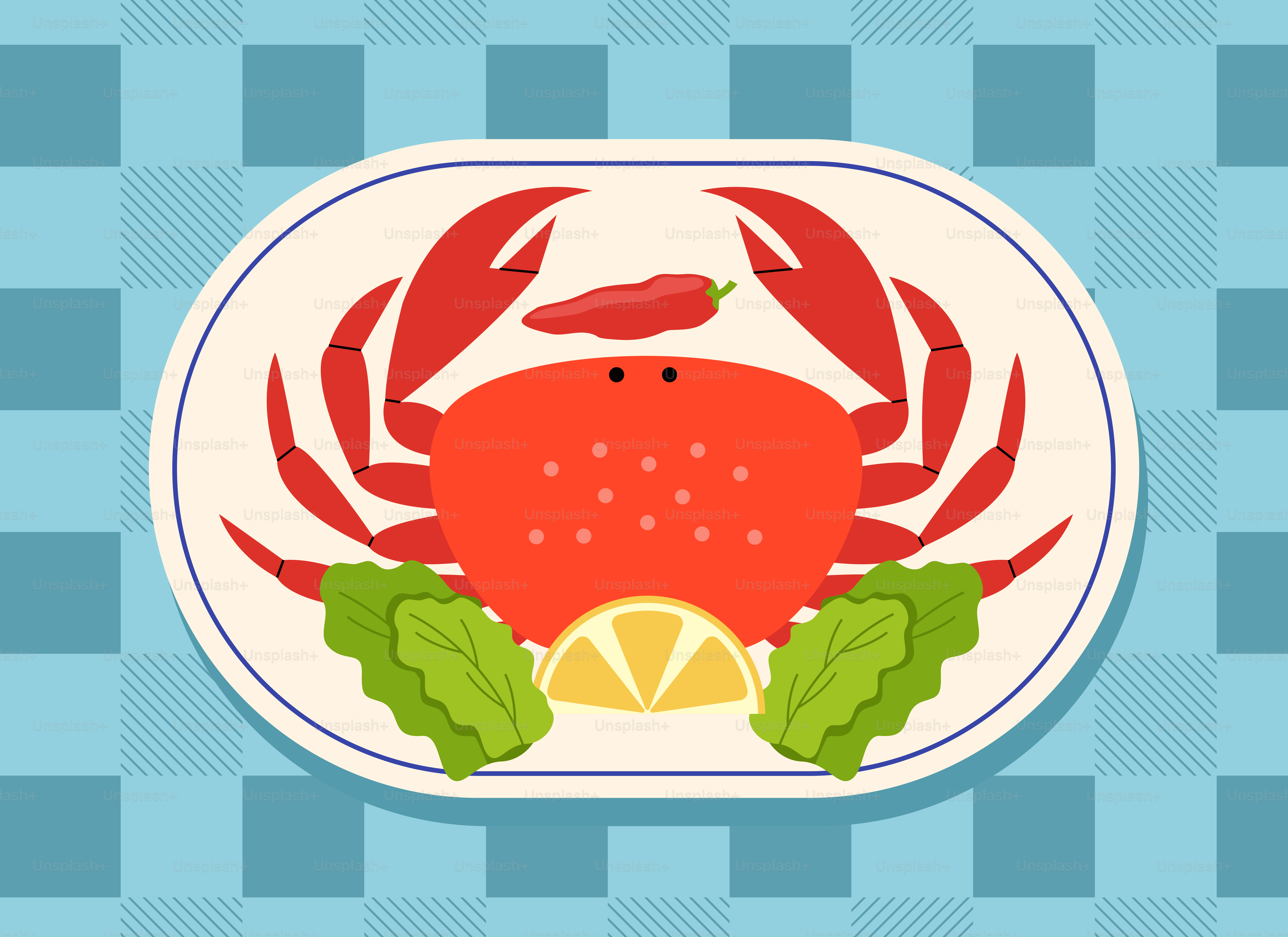 A plate with a crab and lemon on it