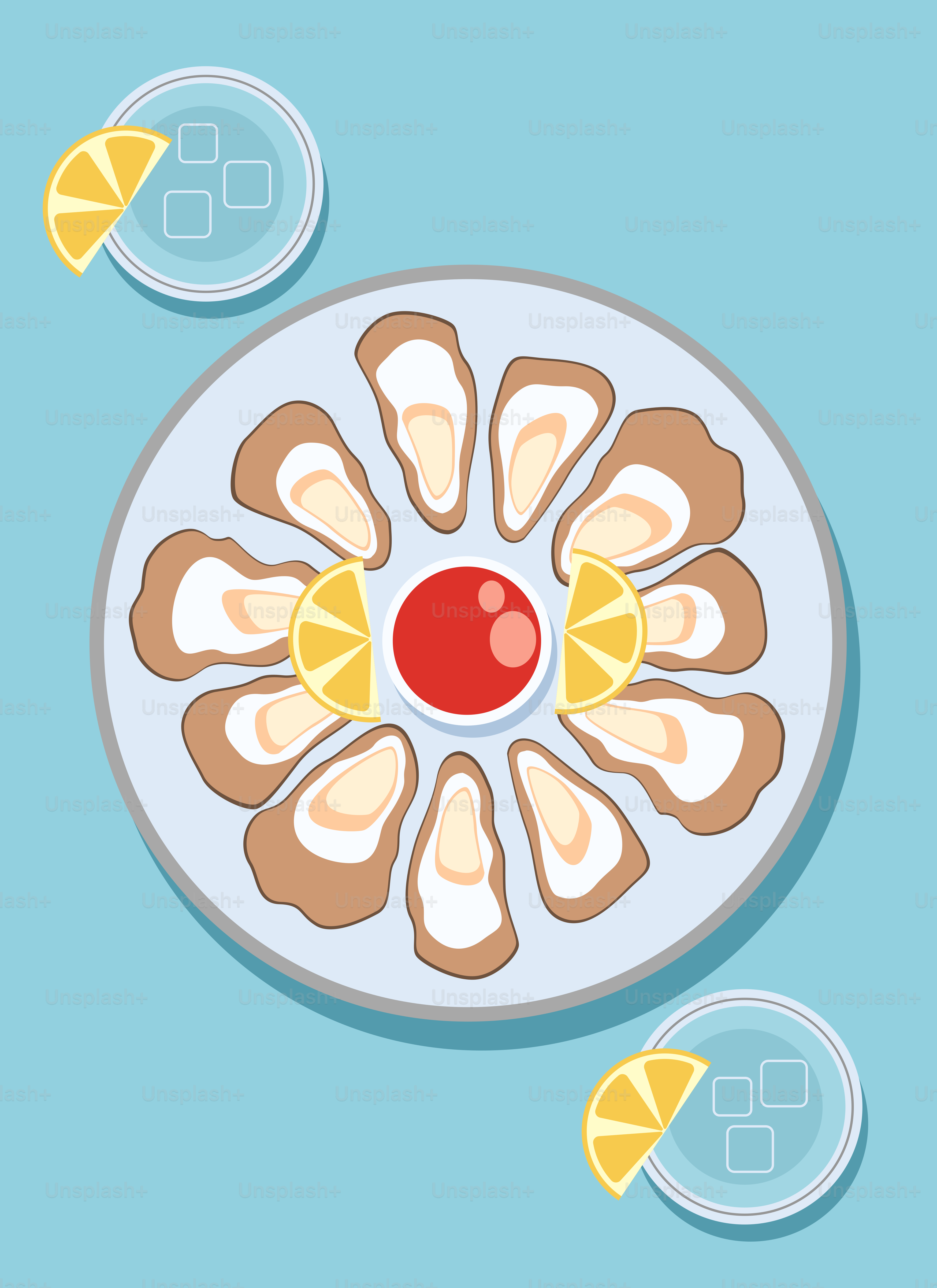 A plate of food with lemon slices and a cherry