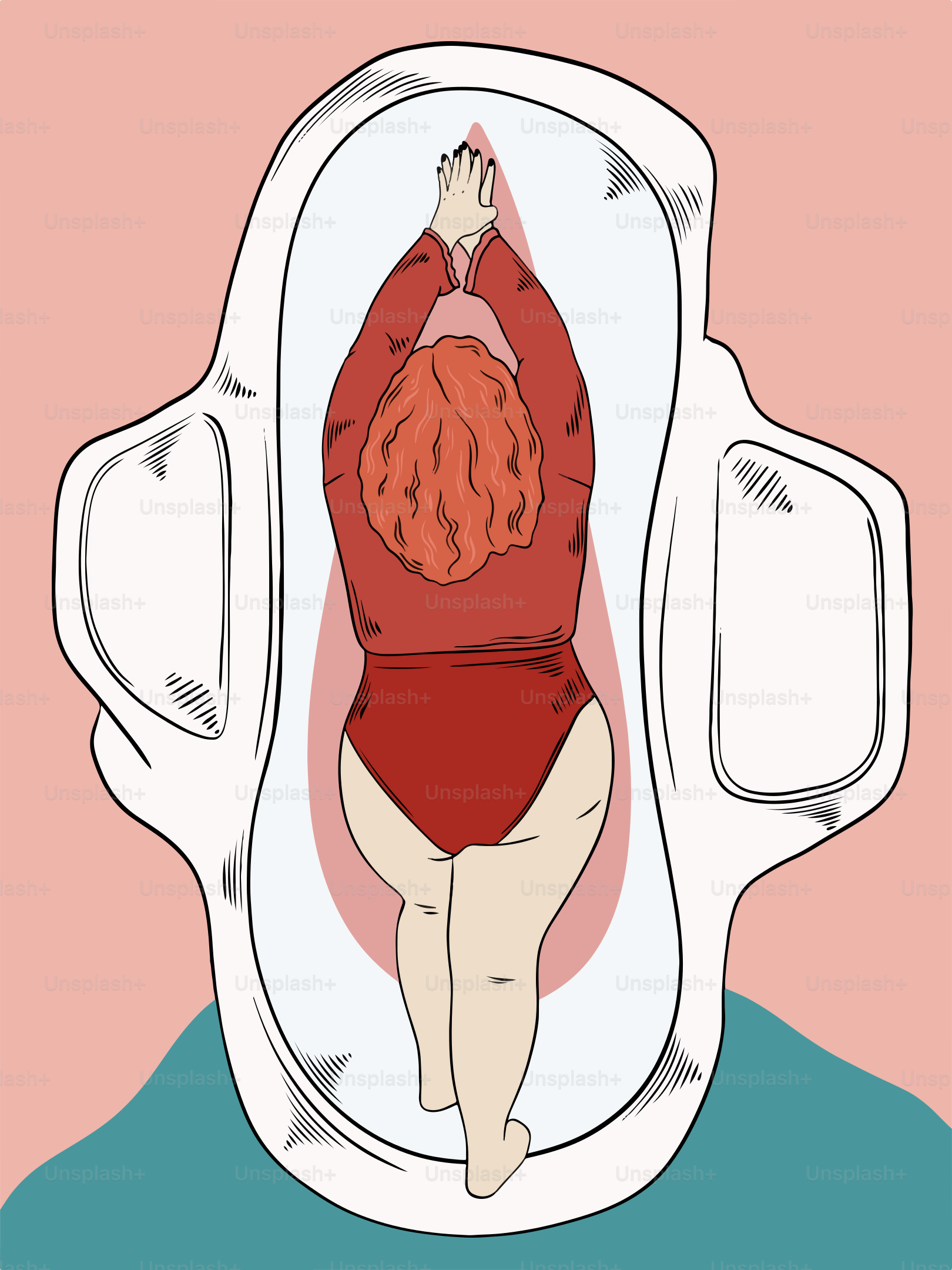 A woman is sitting on a toilet with her hands in the air