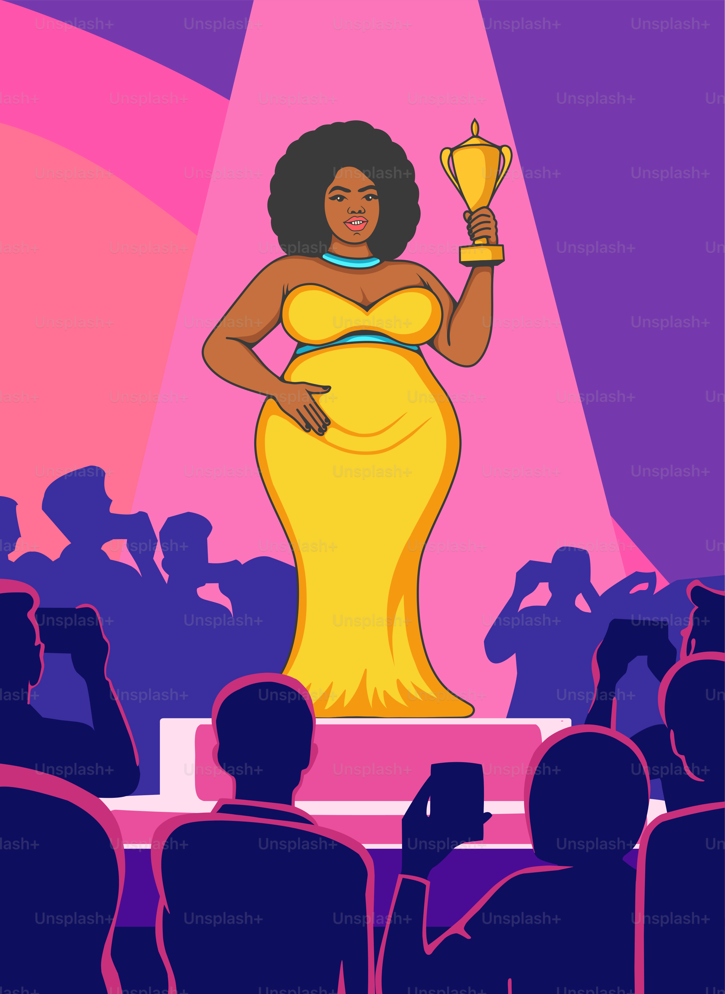 A woman standing on a stage holding a trophy