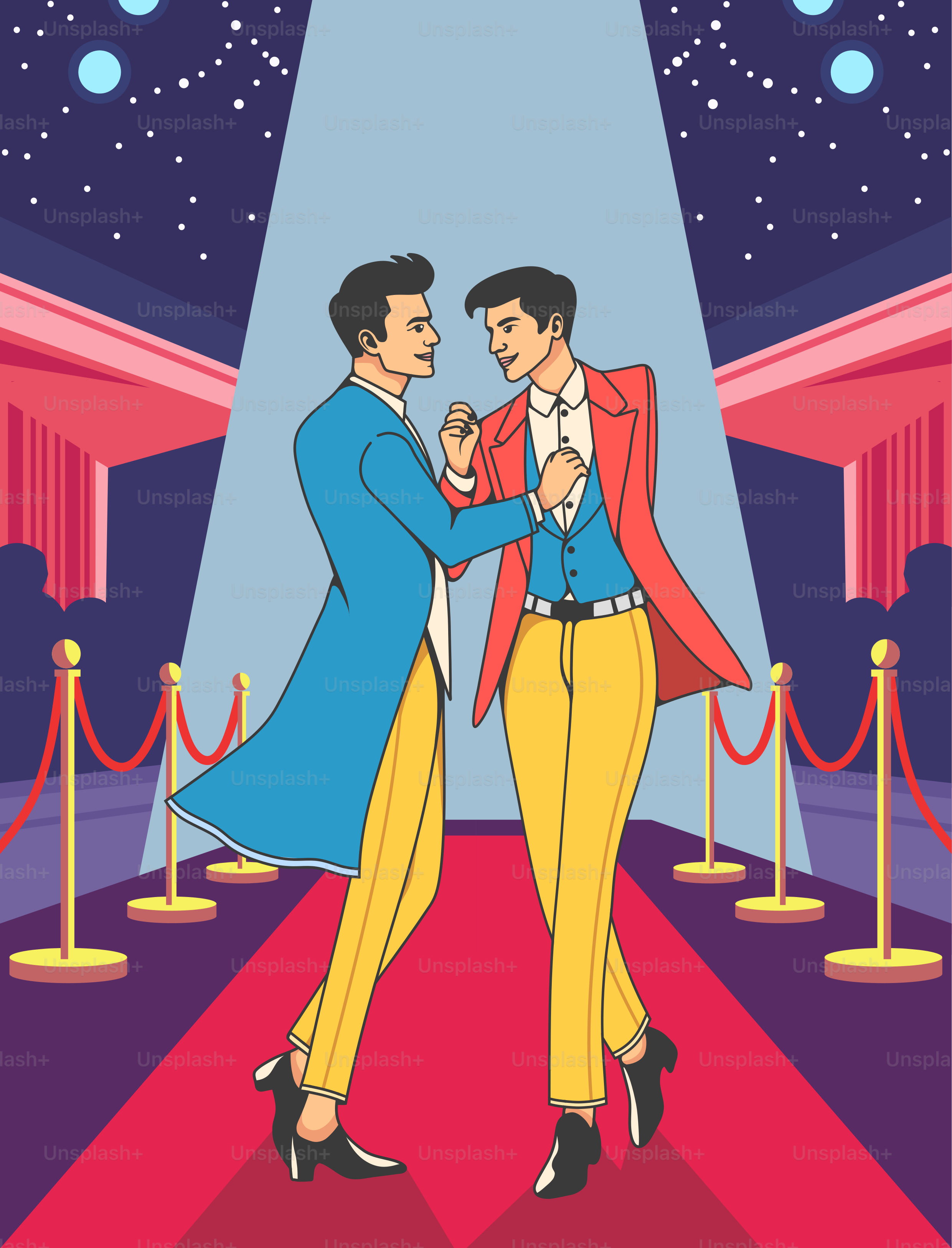 A couple dancing on a red carpet in front of a stage