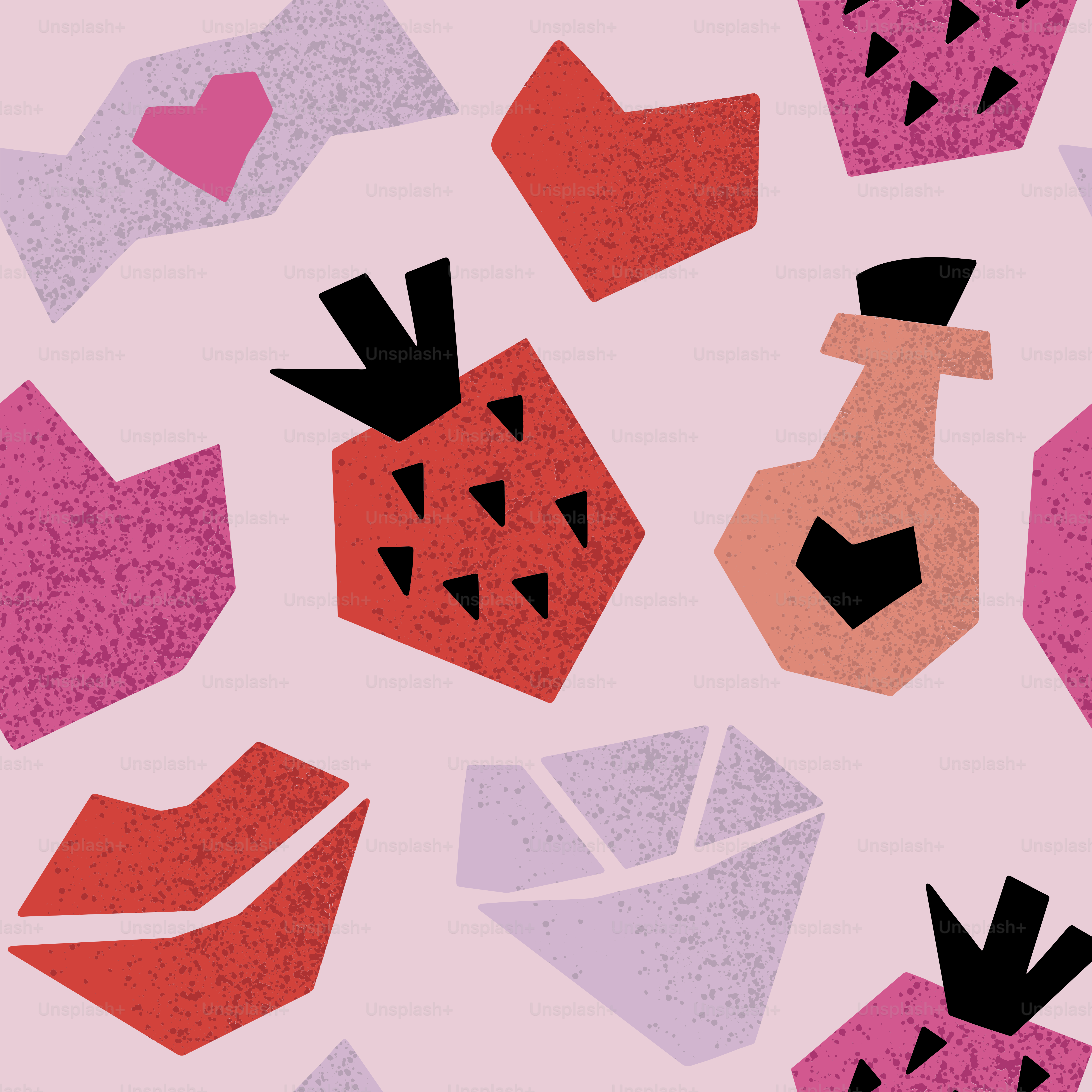 A pattern of different shapes and colors on a pink background