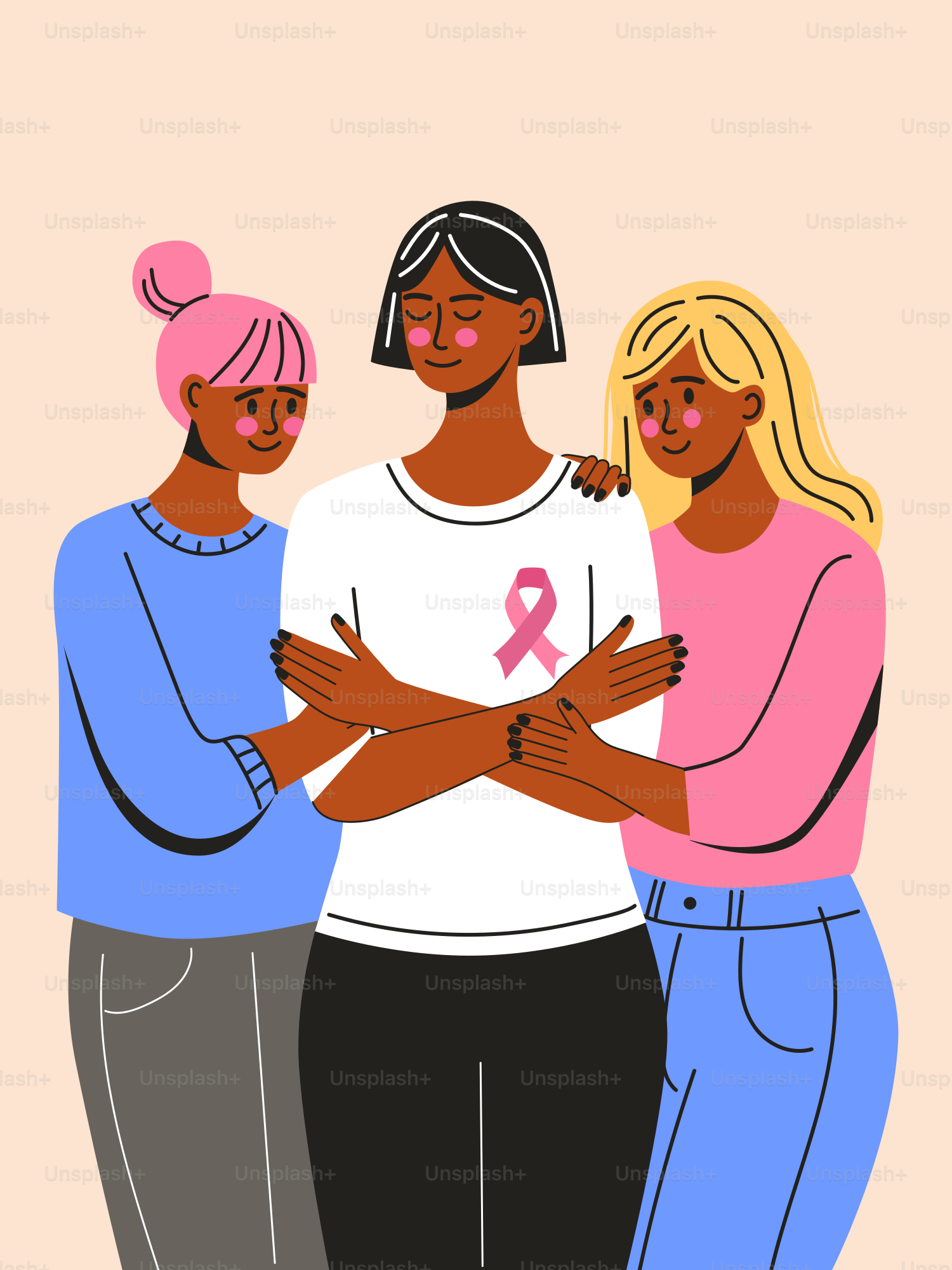 A group of women standing together with a pink ribbon on their chest