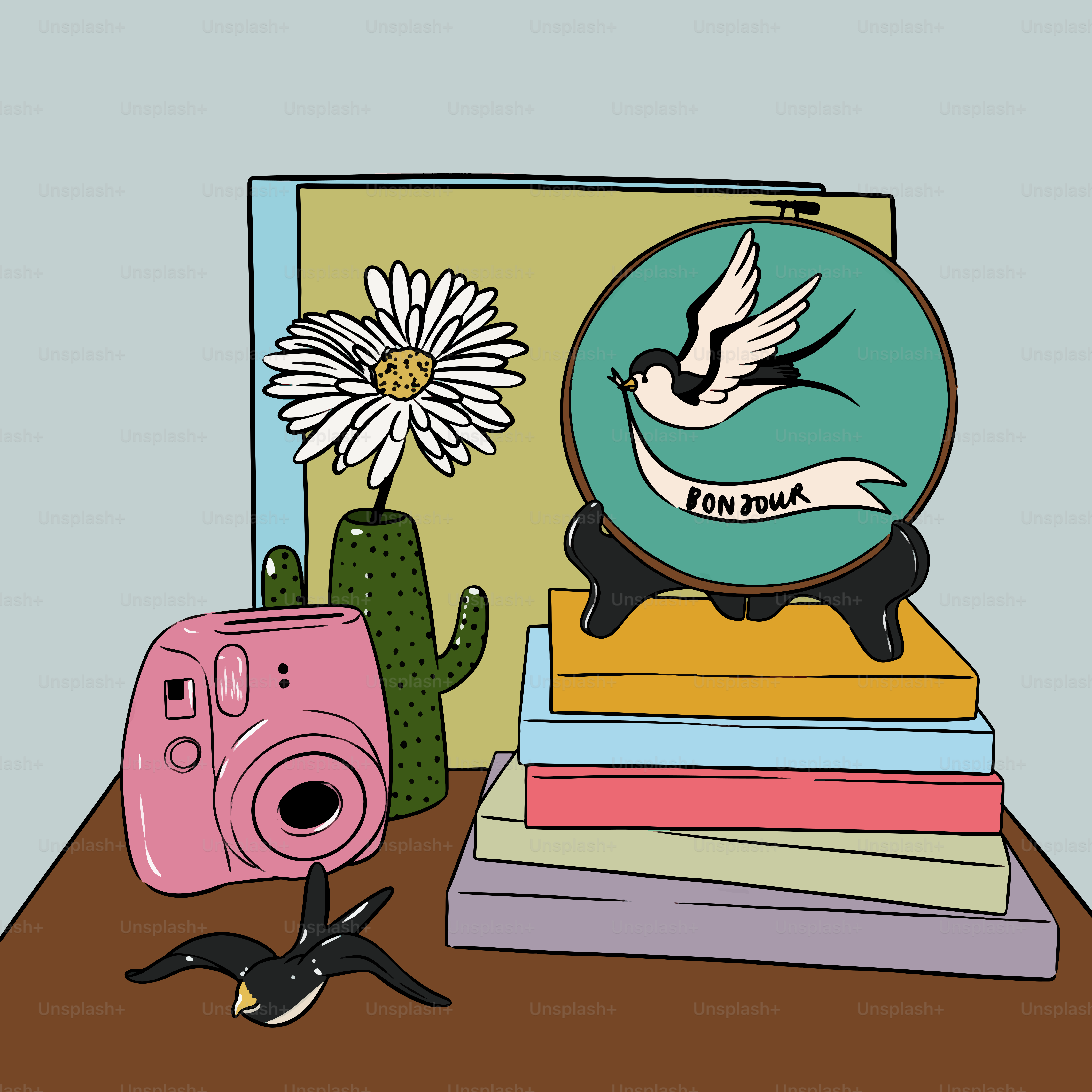 Ein Tisch mit einer Kamera, Büchern und einer Blume