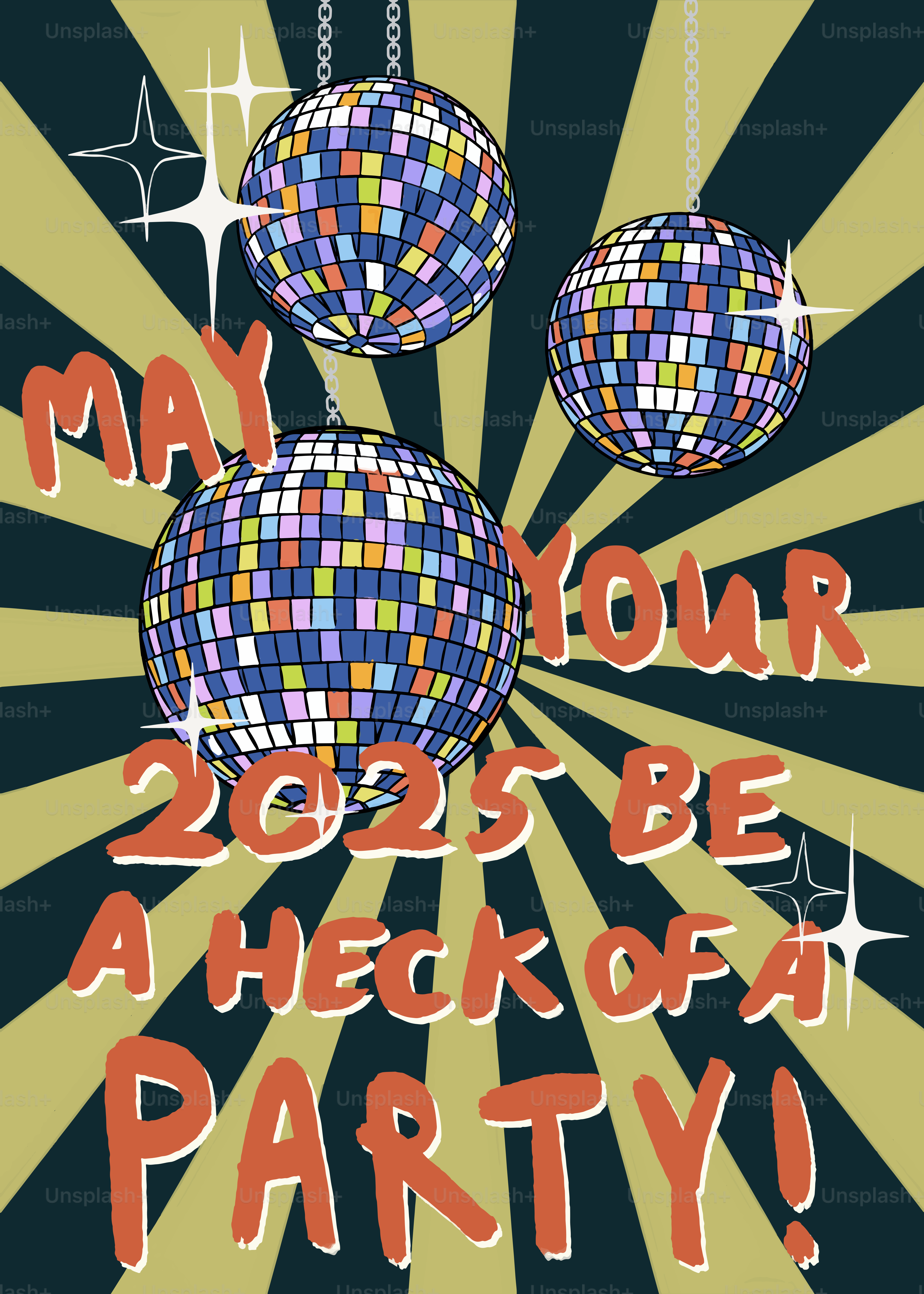 A poster for a disco party with disco balls