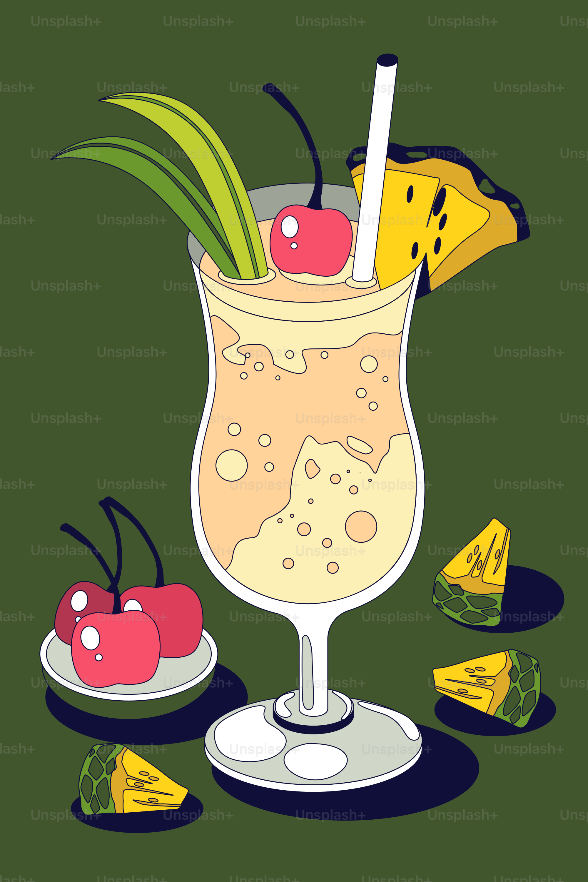 A picture of a drink with fruit on the side