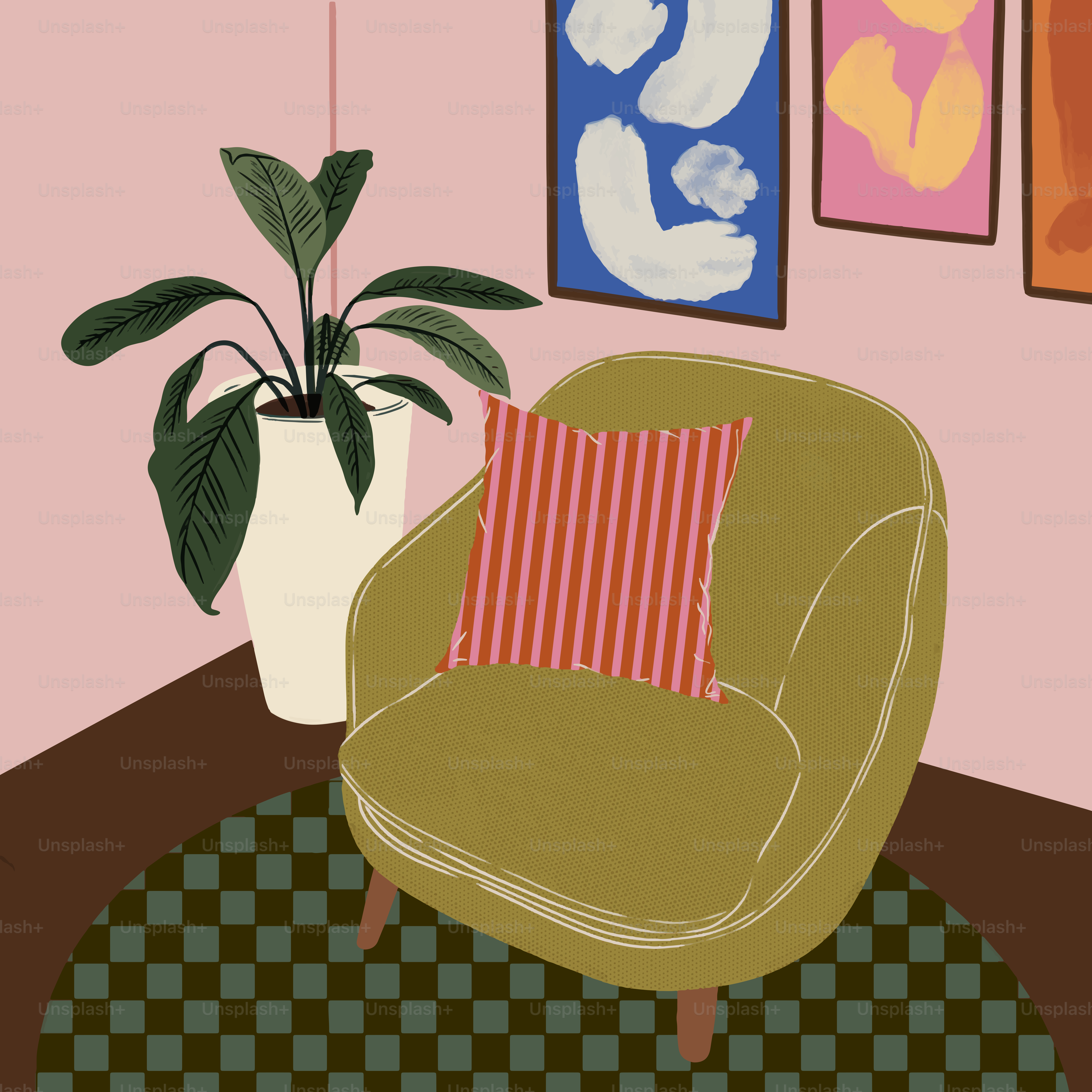 A living room with a green chair and a potted plant
