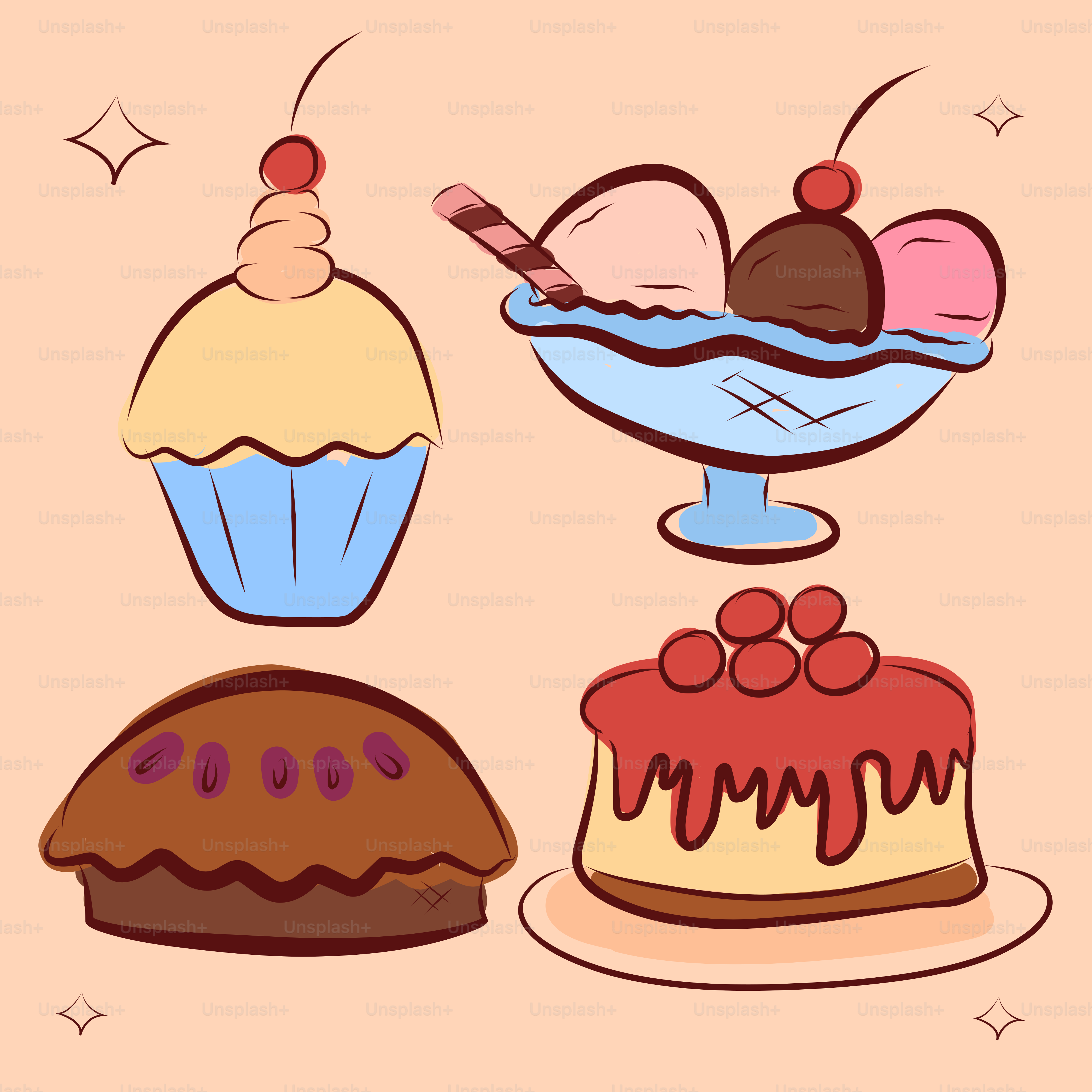 A bunch of different types of cakes on a pink background