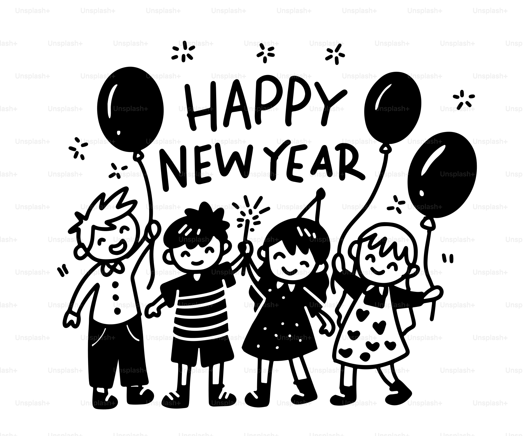 A black and white drawing of children holding balloons