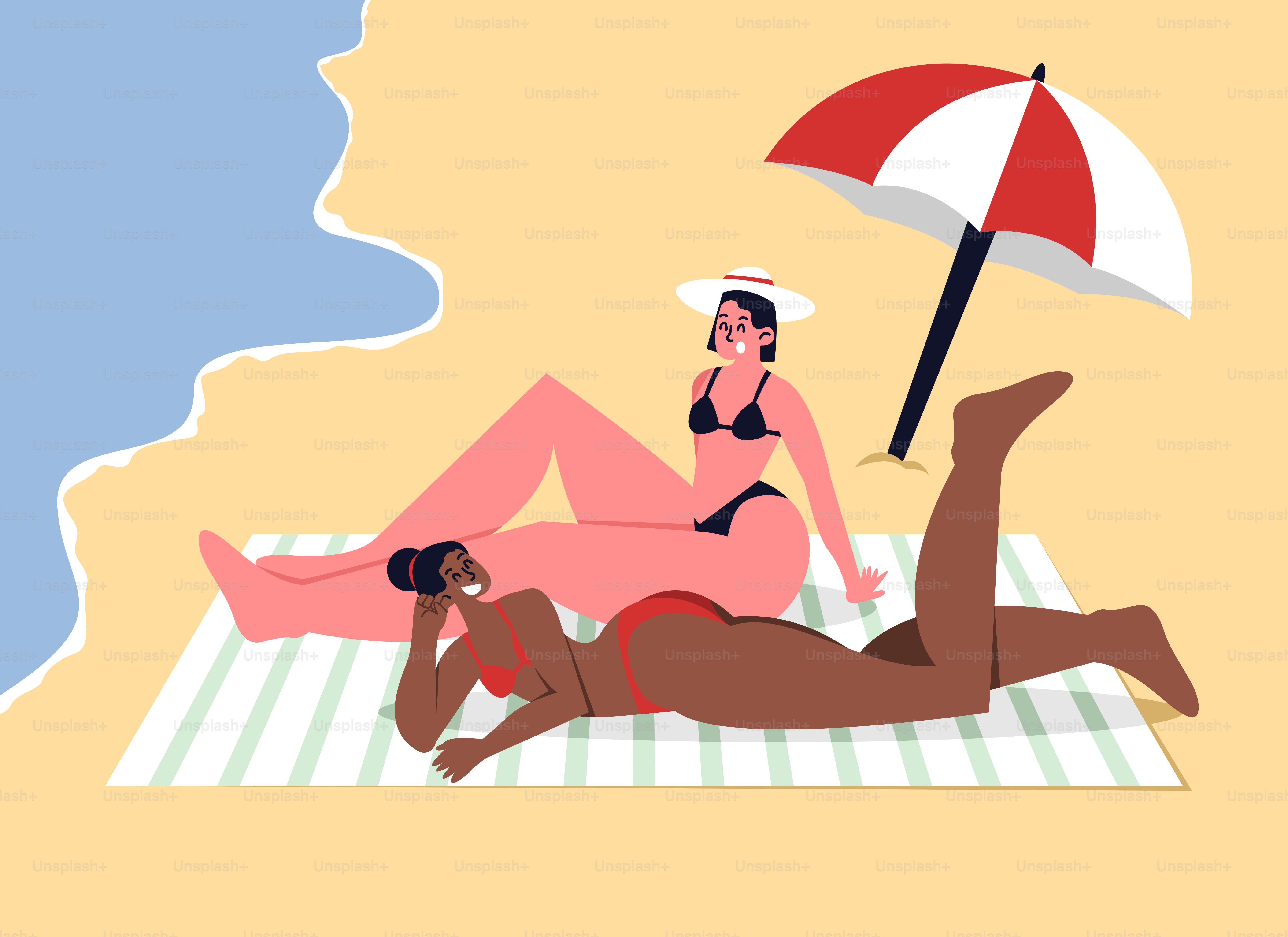 A man and woman laying on the beach under an umbrella
