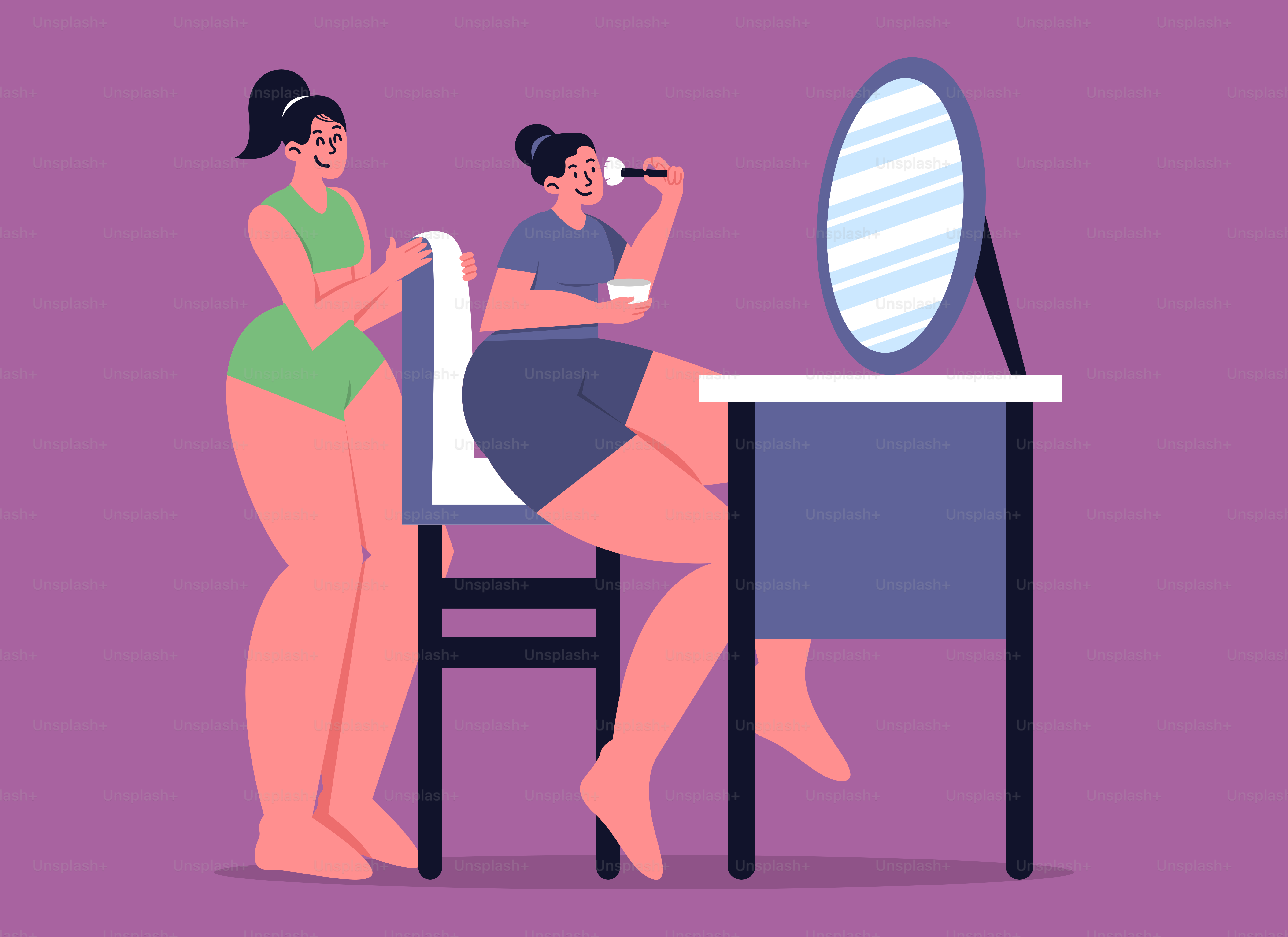 A woman sitting at a desk with her reflection in a mirror
