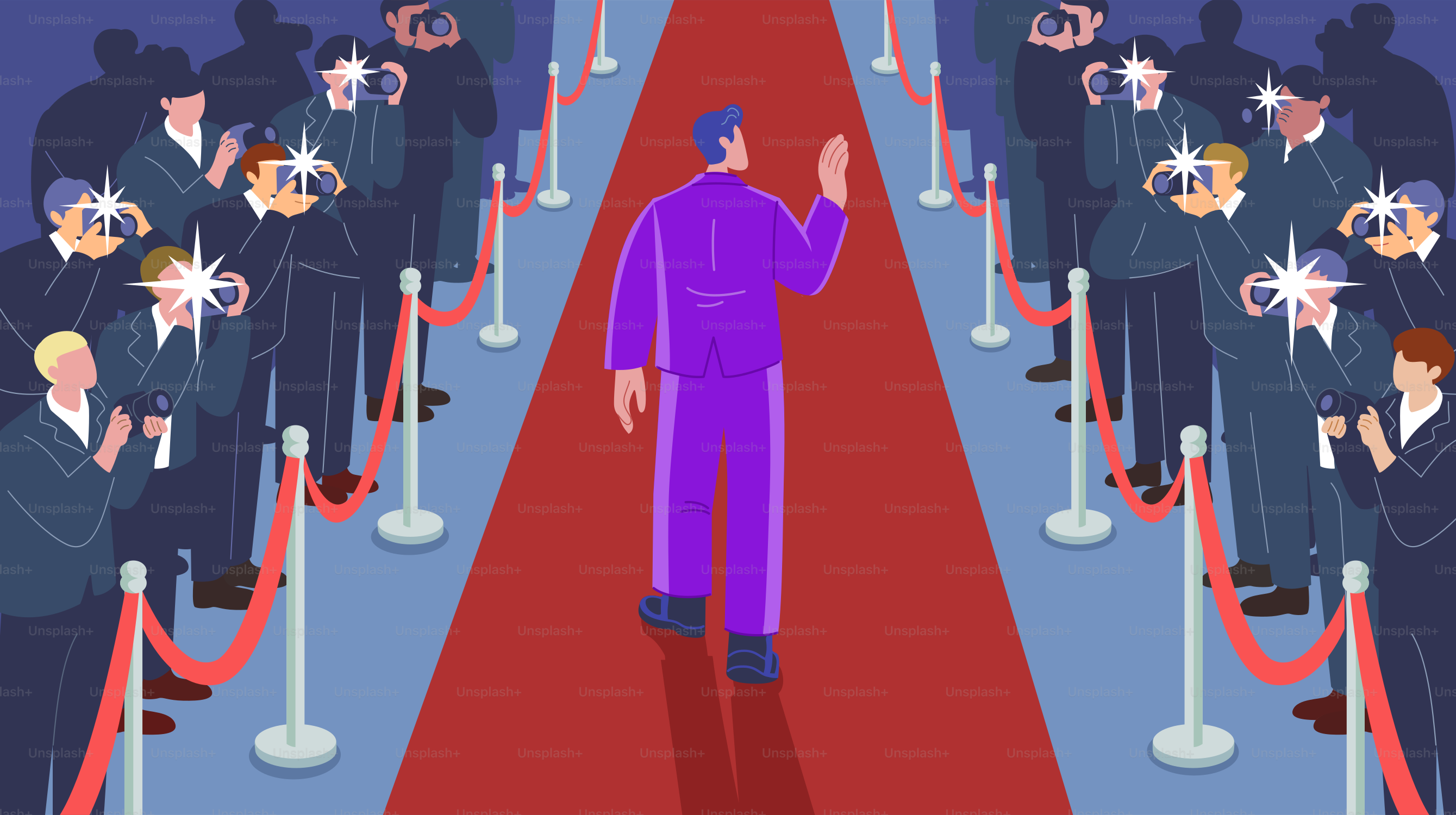 Un hombre de pie sobre una alfombra roja delante de una multitud