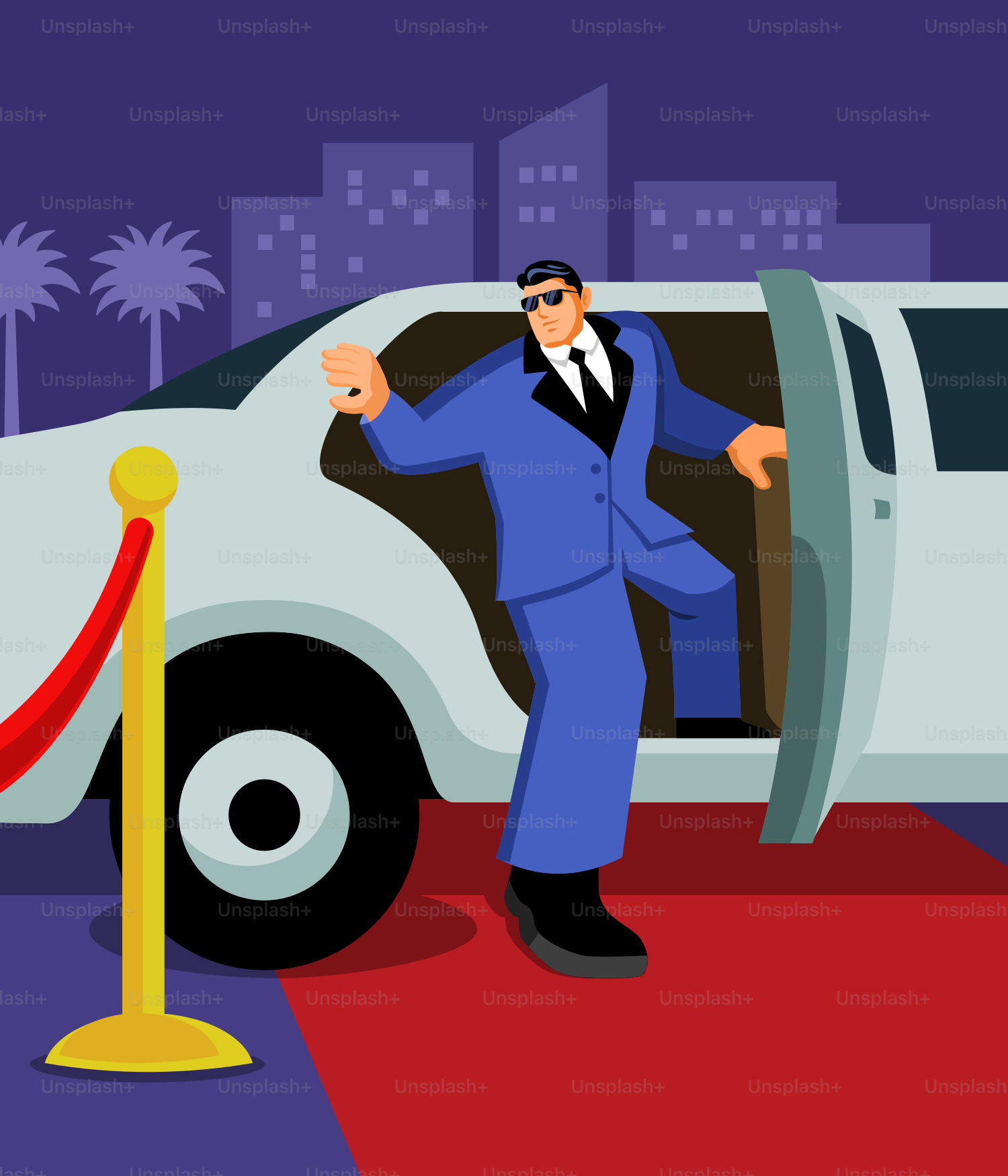 A man in a blue suit standing next to a white truck