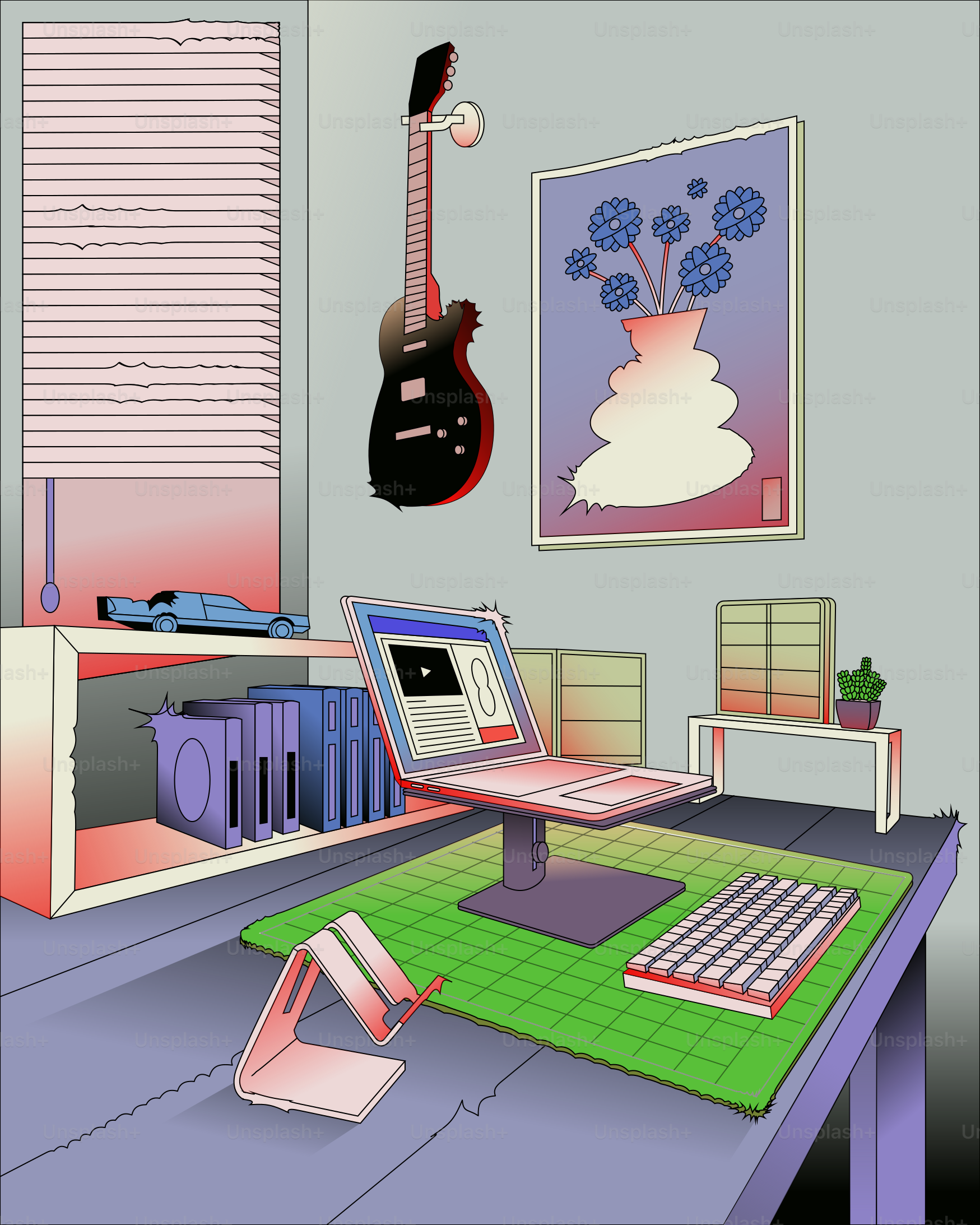 A computer desk with a keyboard, mouse, and a guitar hanging on the wall