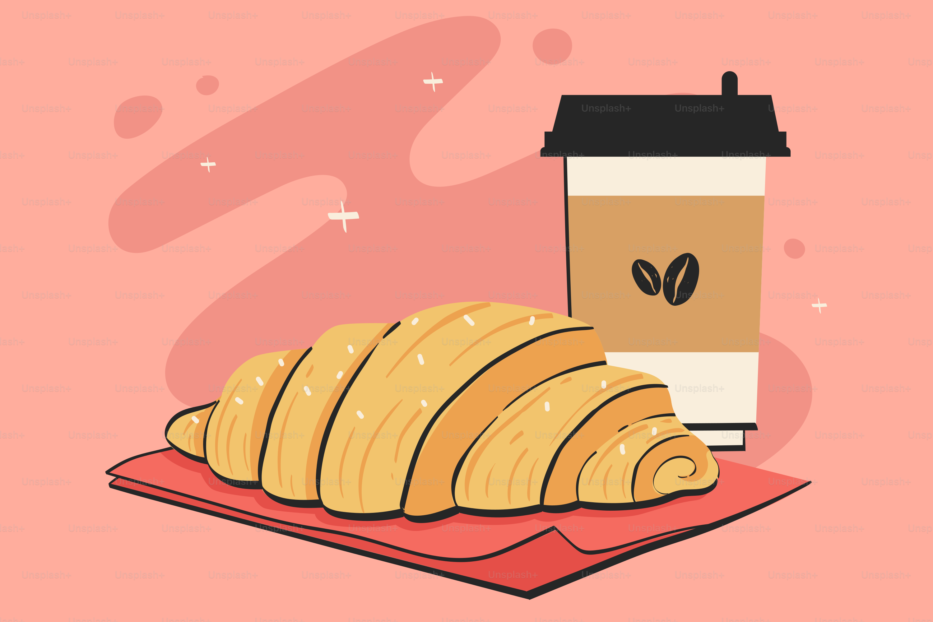 A cup of coffee next to a pile of croissants