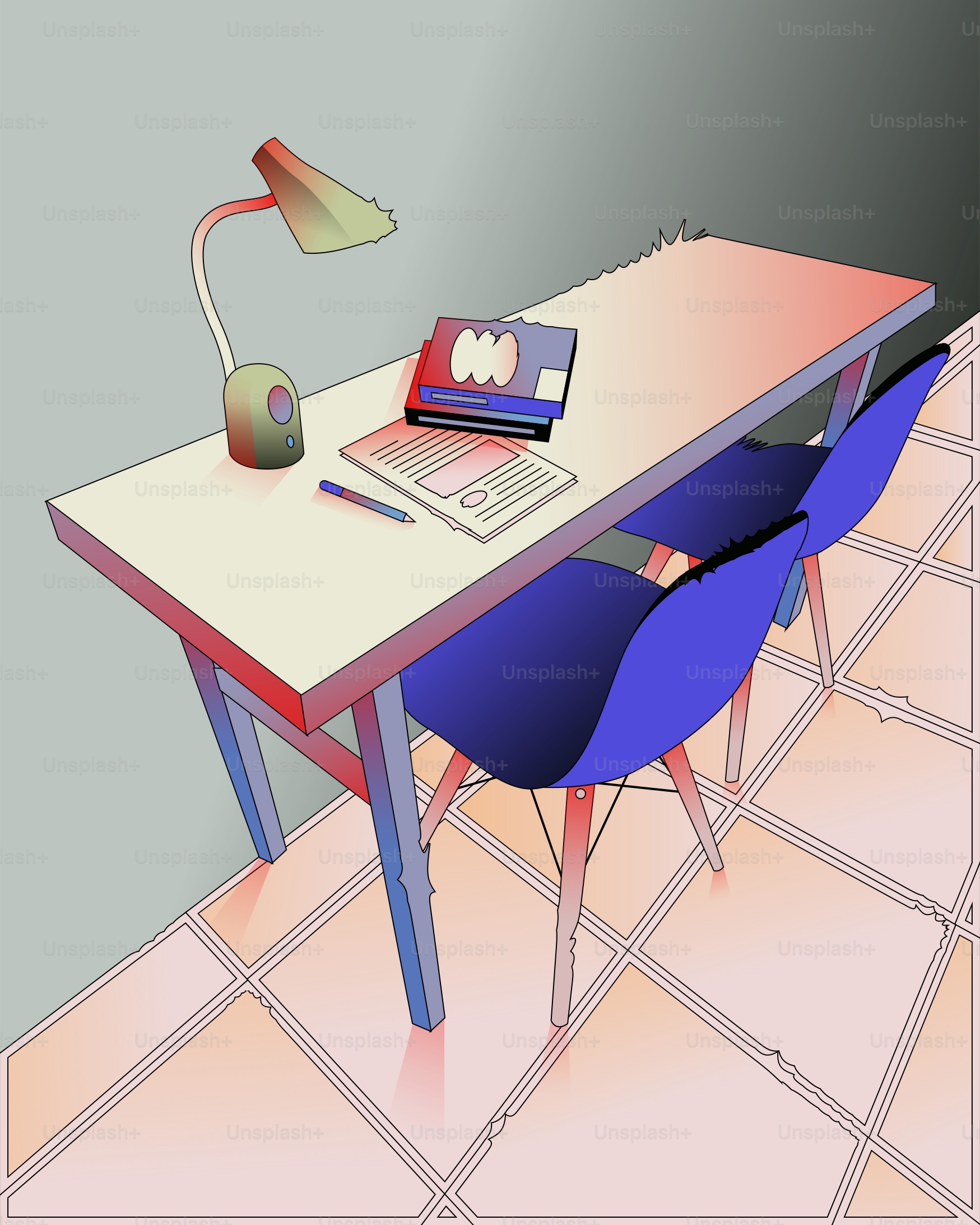 A computer desk with a laptop and a lamp on it