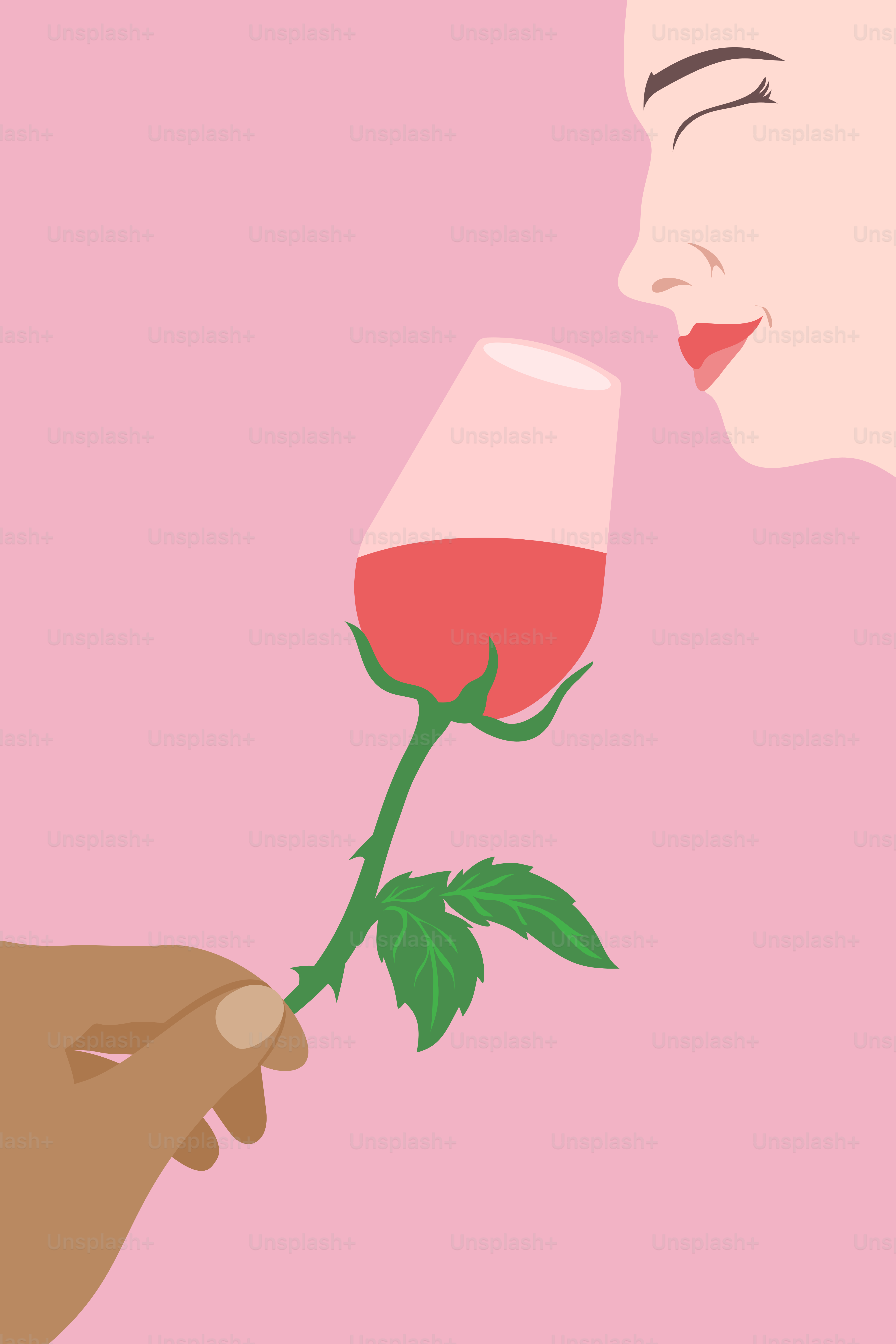 A woman smelling a rose with a glass of wine