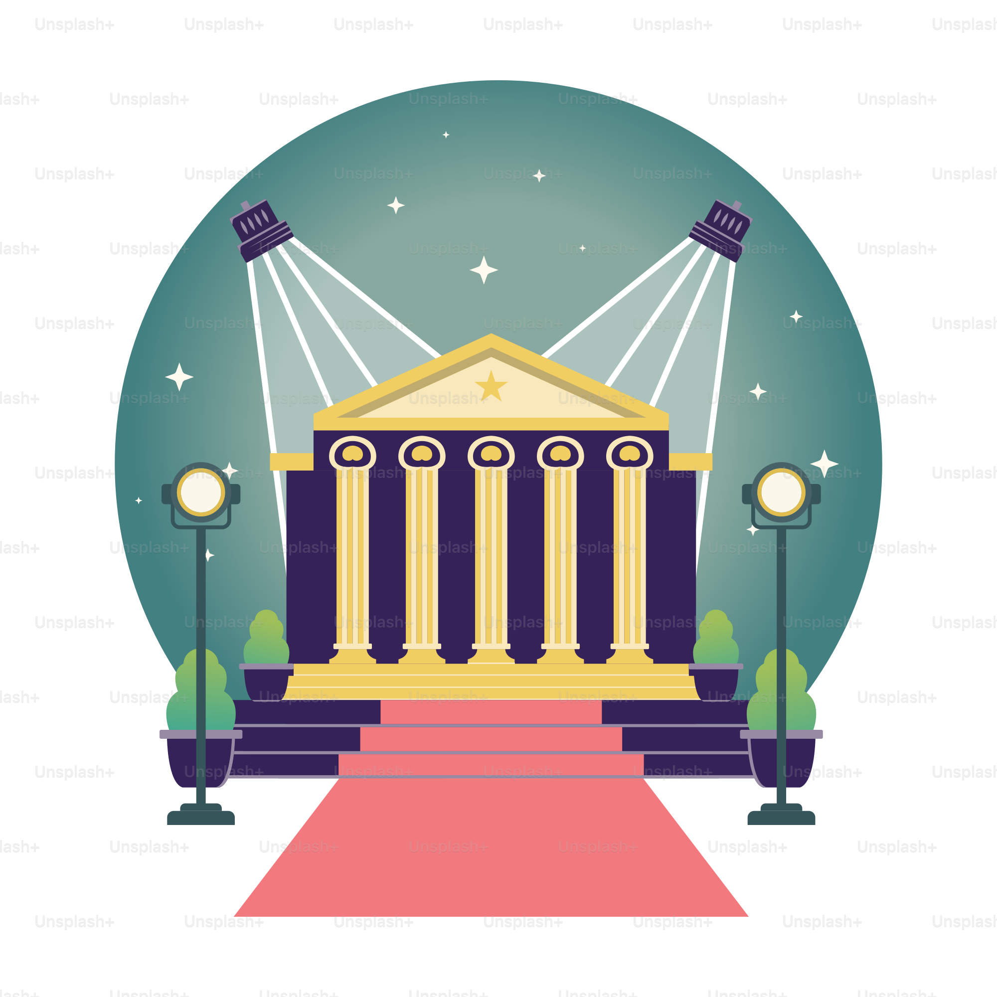 A stage with a red carpet and lights around it