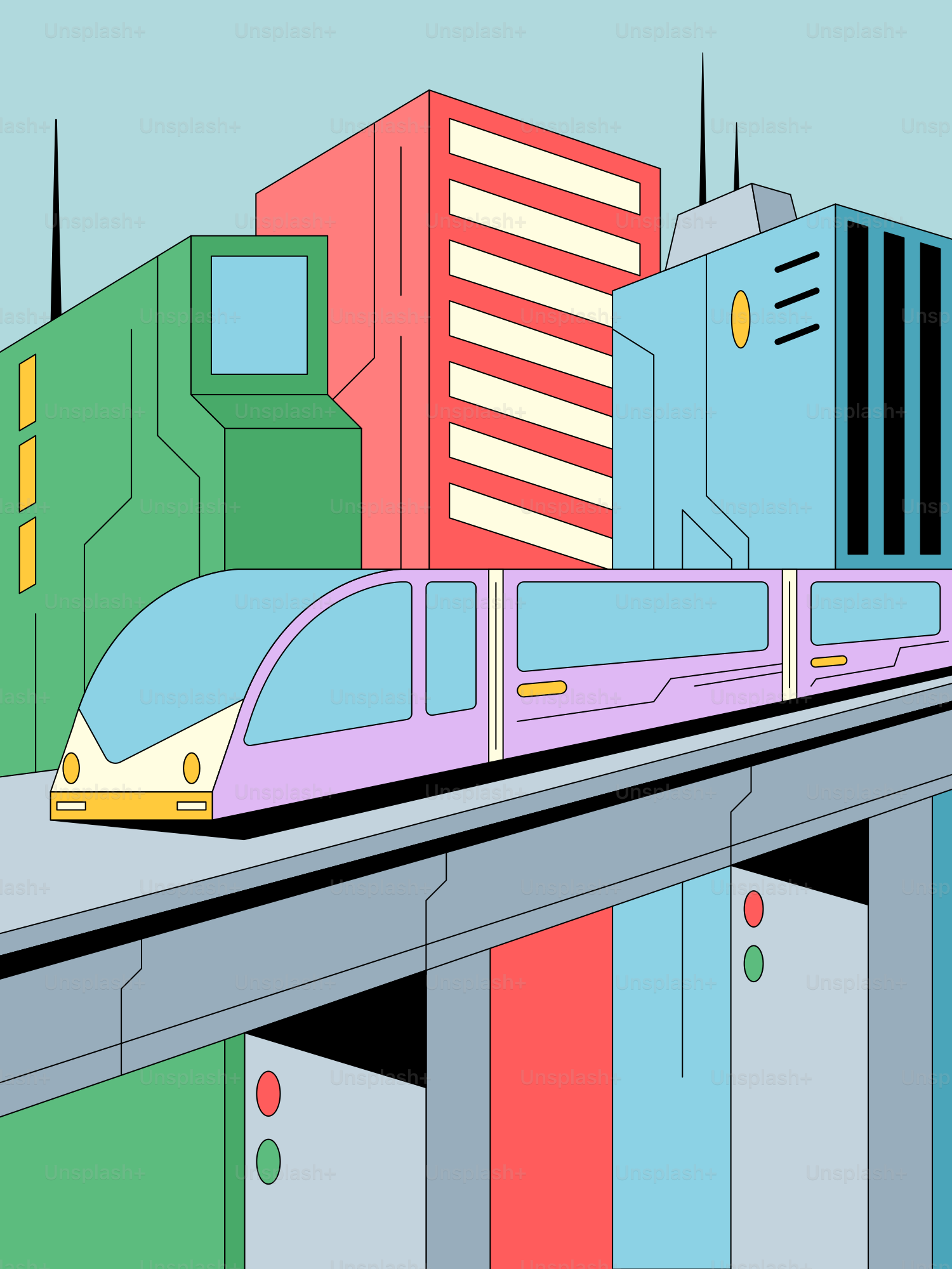 A train on a train track with buildings in the background