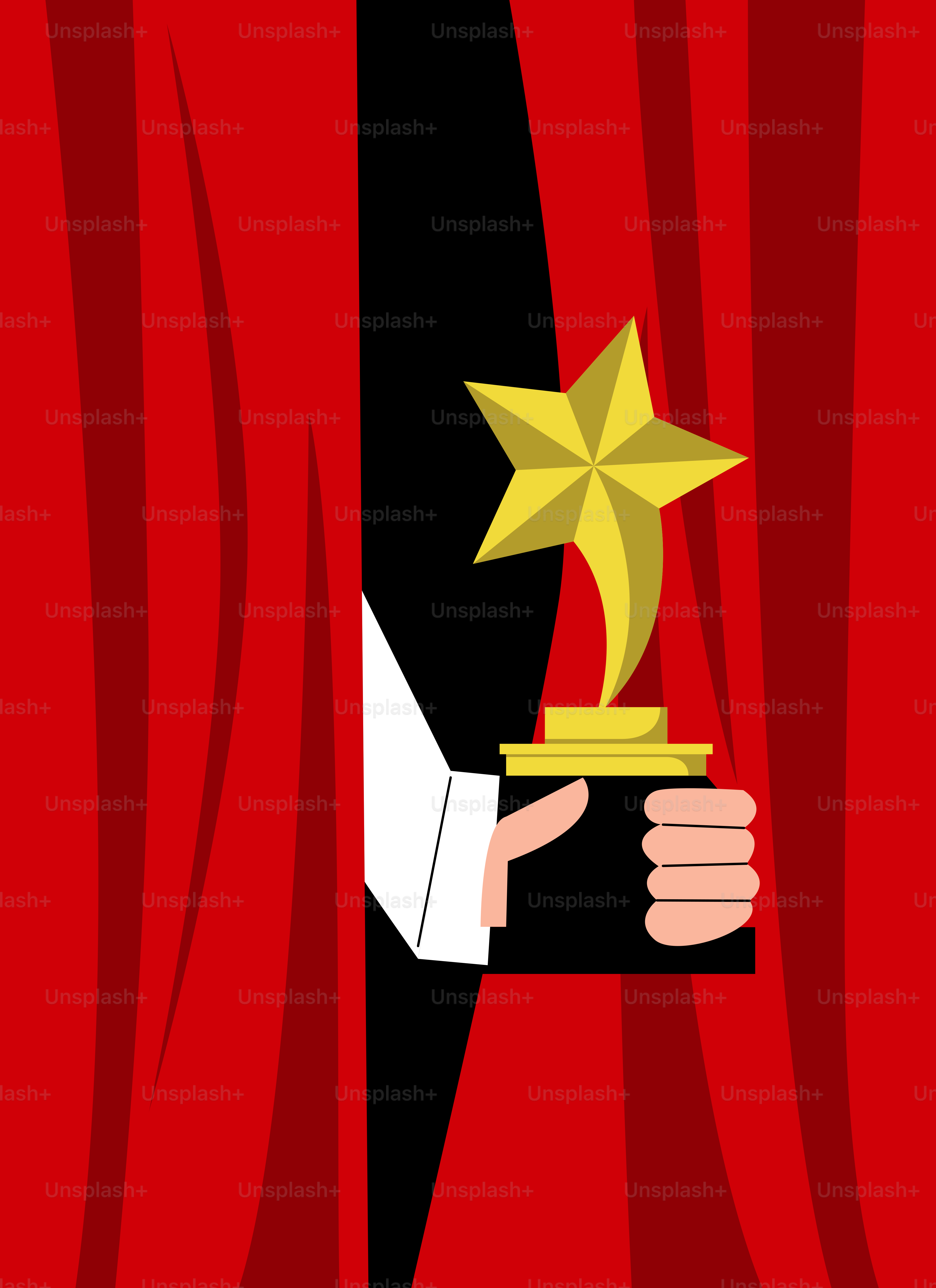 Uma mão segurando um troféu na frente de uma cortina vermelha