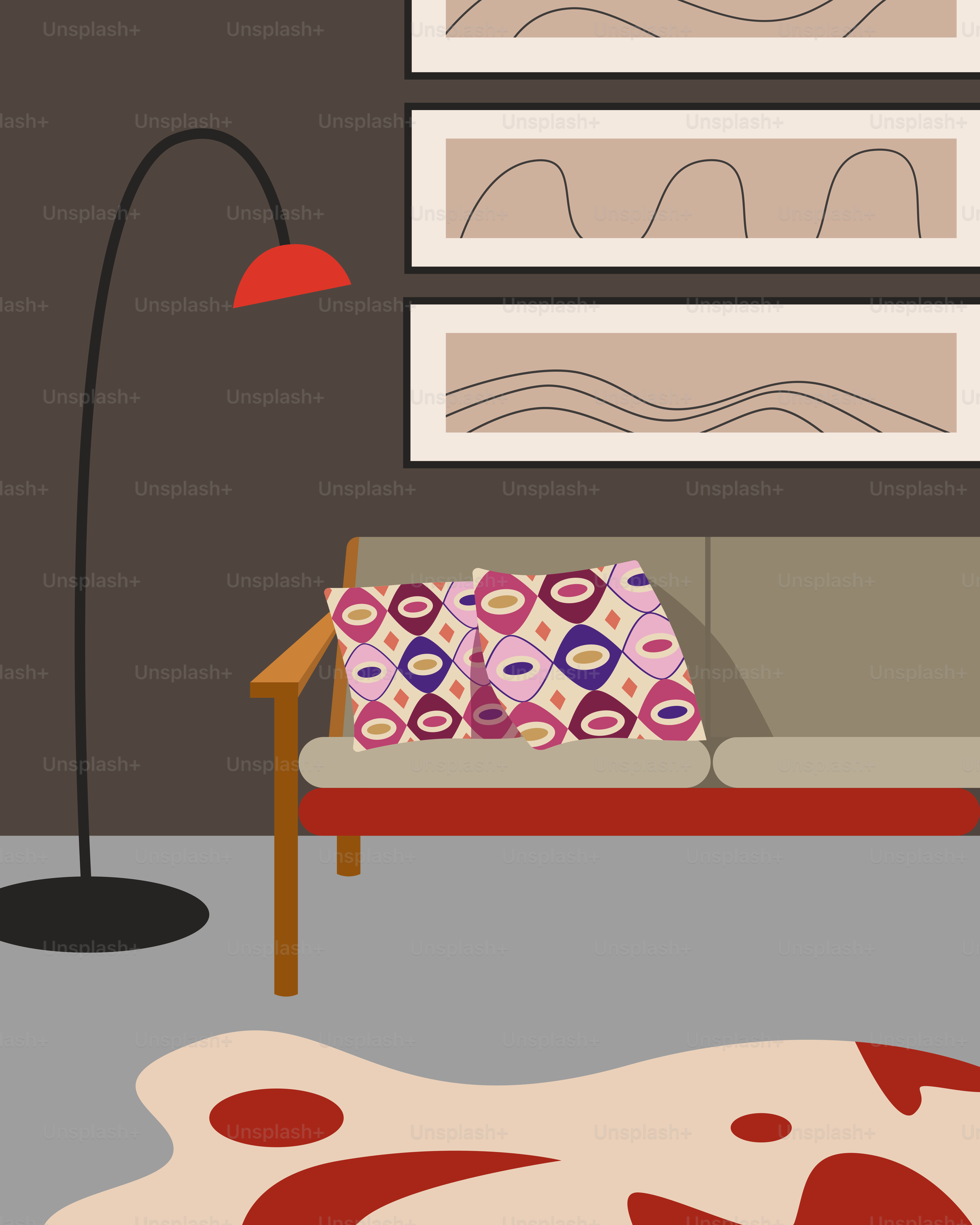 A living room with a couch and a lamp