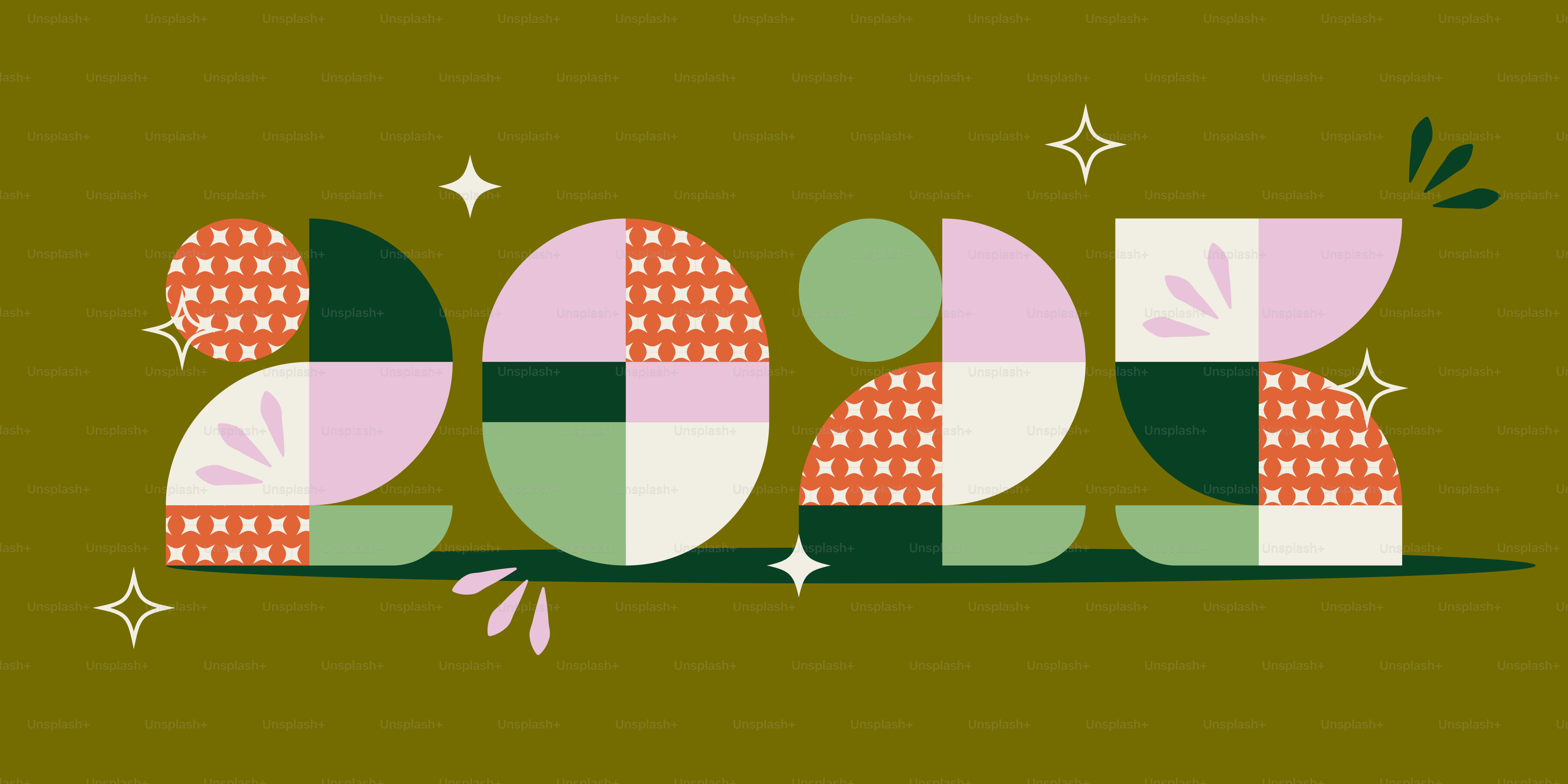 A green background with a pink, green, and white design