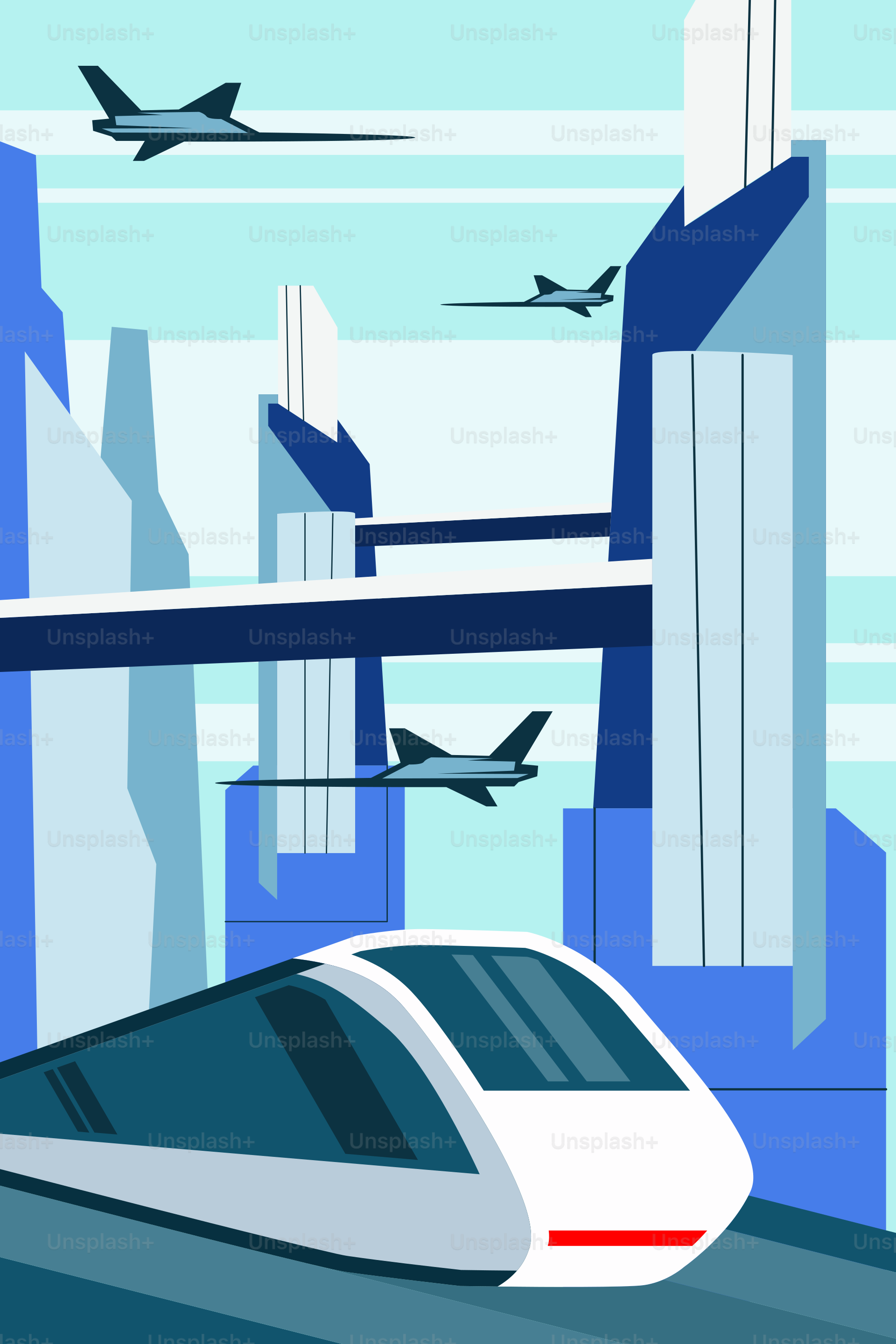 A white train traveling through a city next to tall buildings