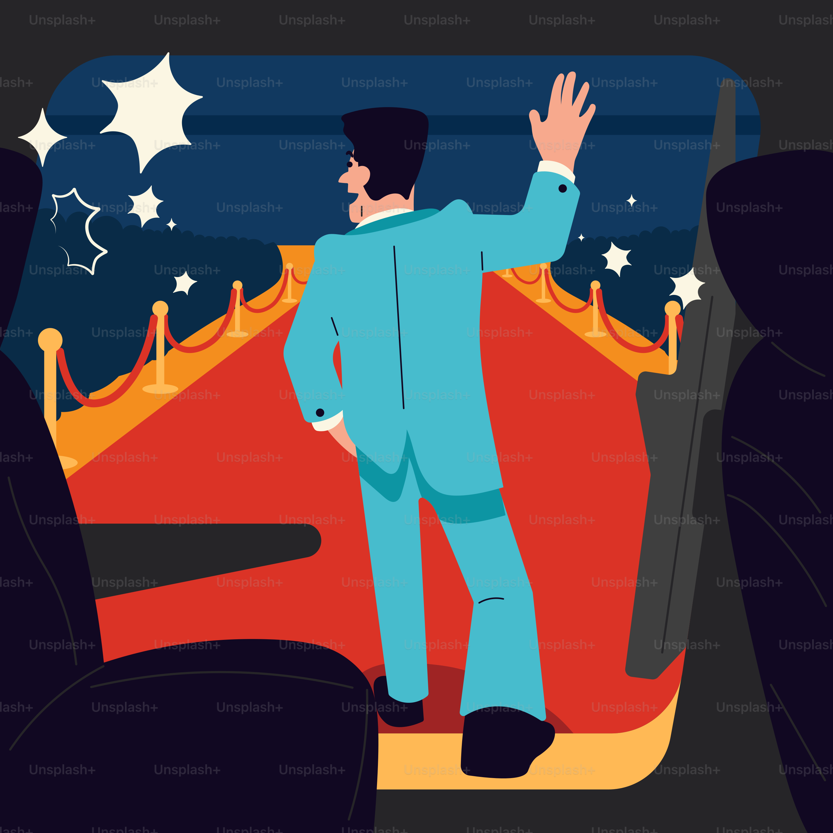 A man in a blue suit standing in front of a stage