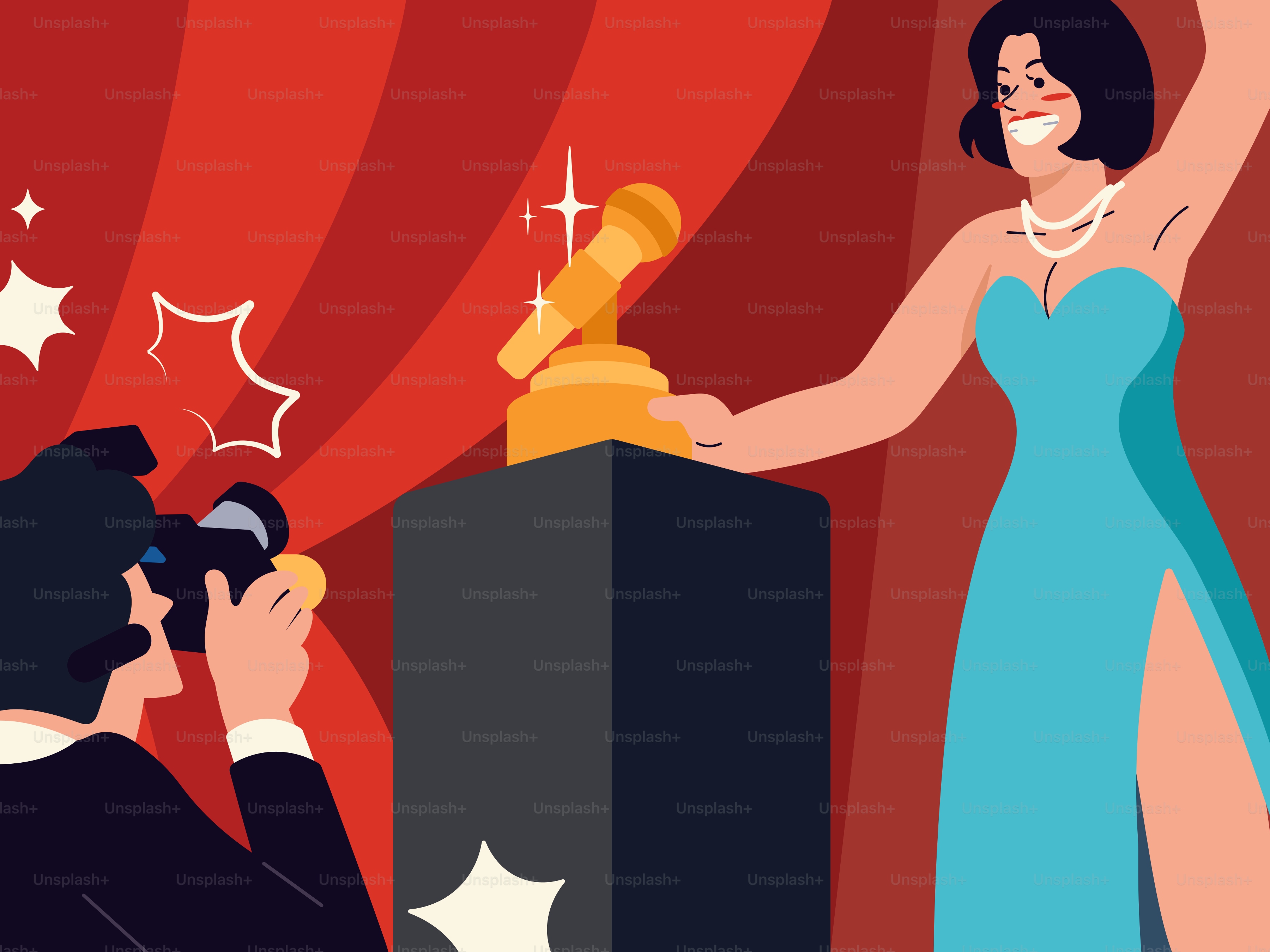 A man taking a picture of a woman in a blue dress