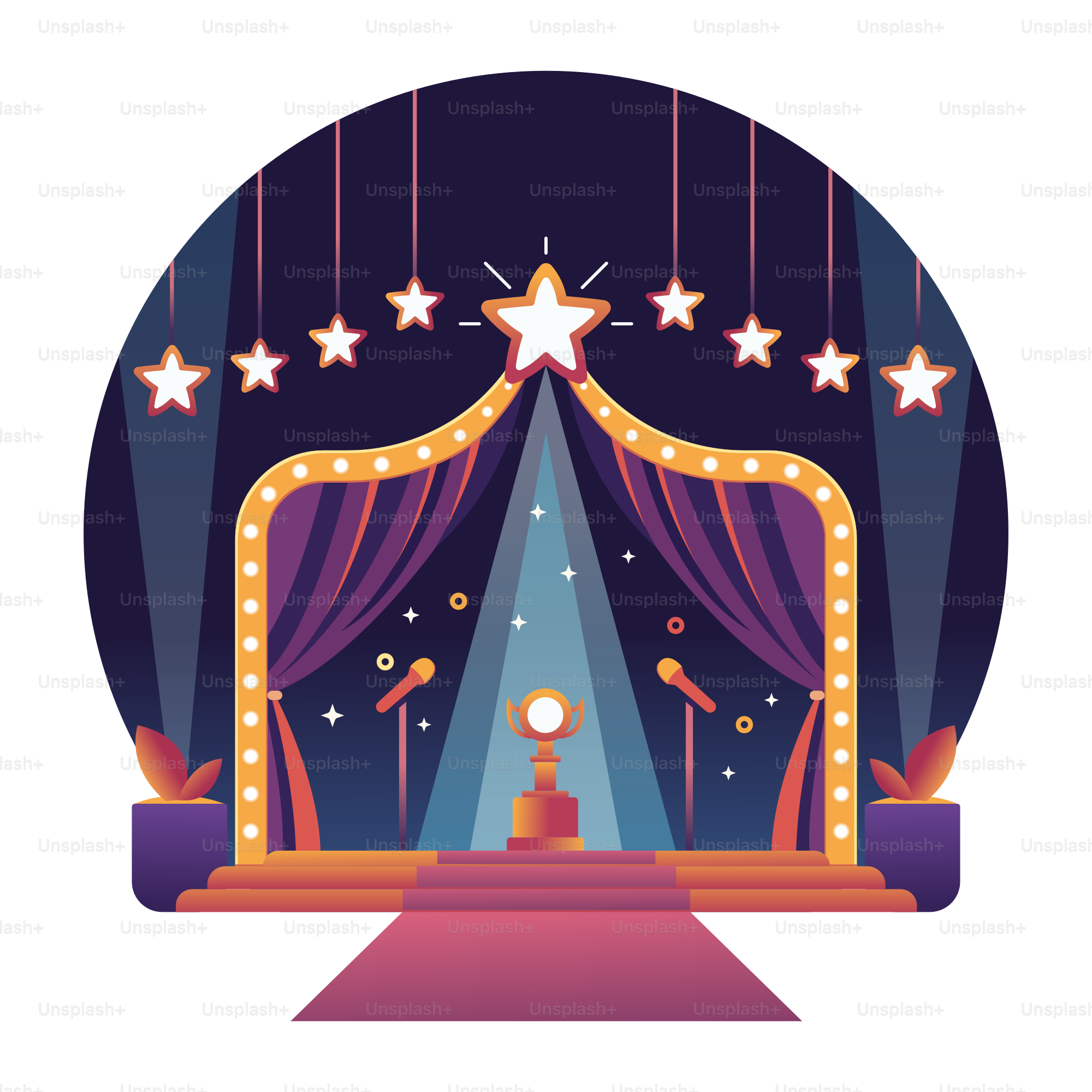 A stage with a red carpet and stars on it