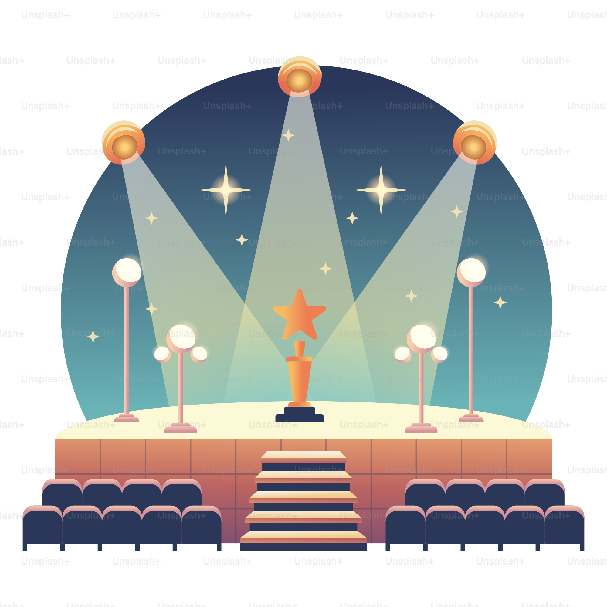A stage with spotlights and a star on it