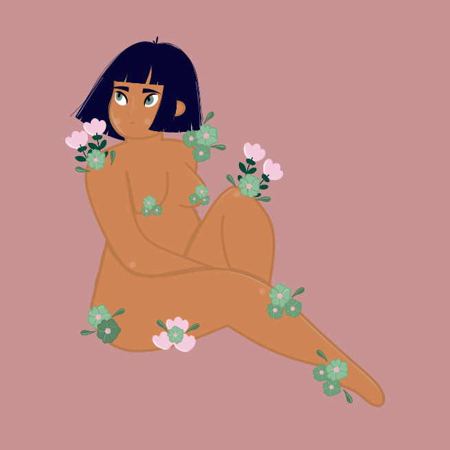 A woman sitting on the ground with flowers around her