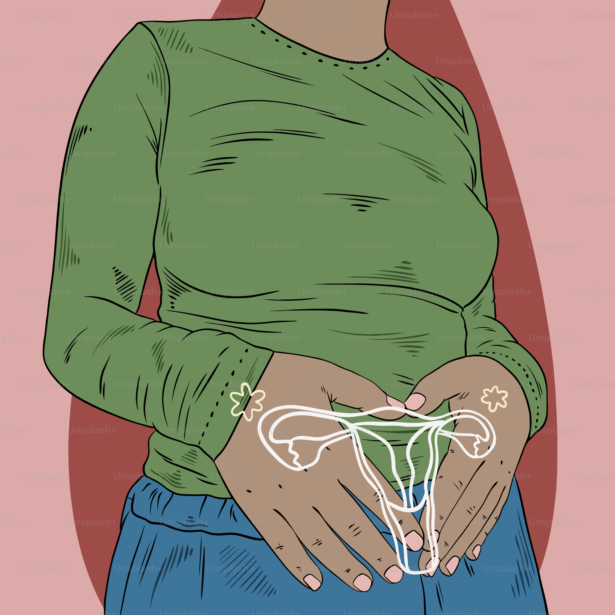 A drawing of a woman holding her stomach