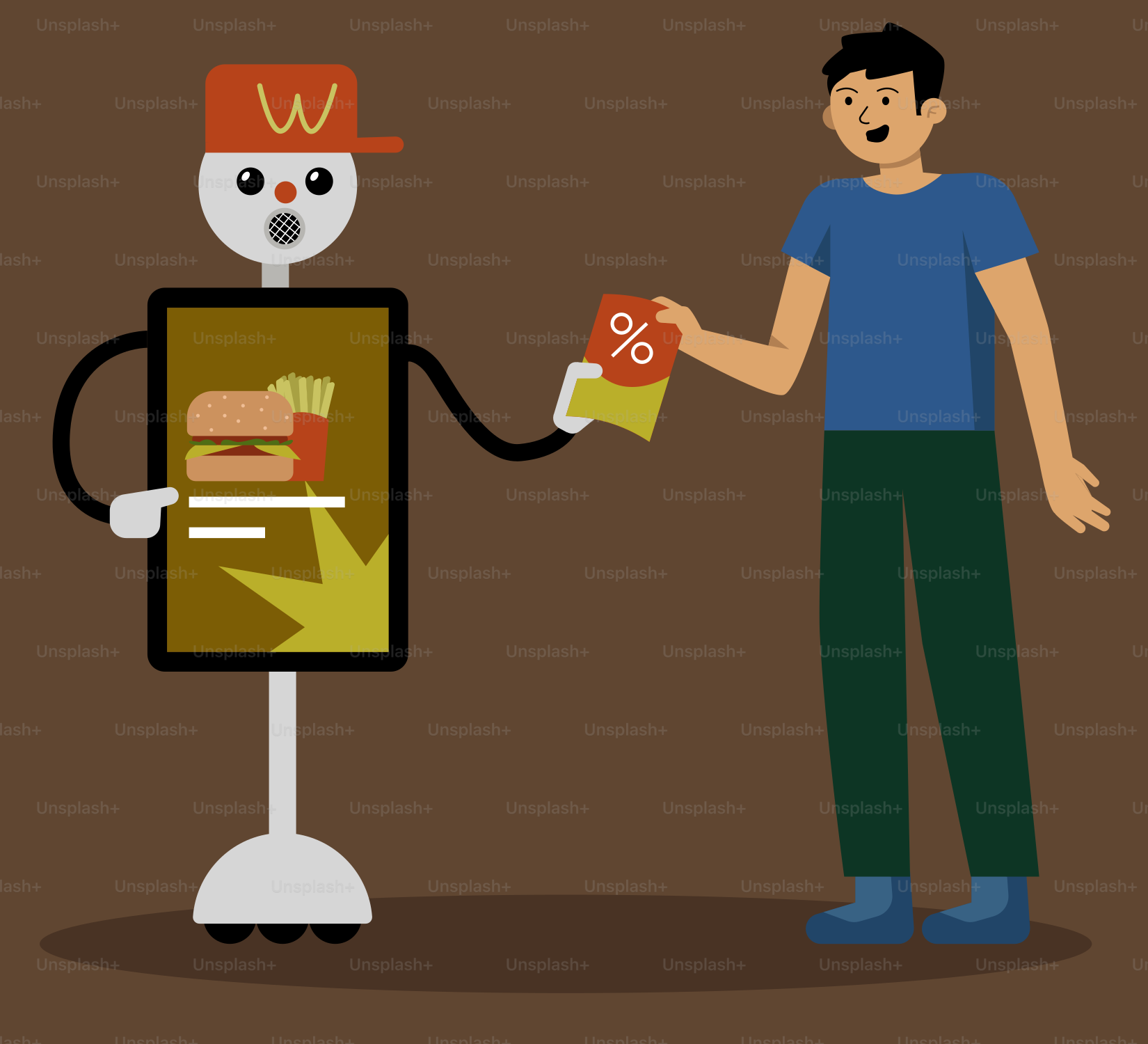 A man holding a box of food next to a robot