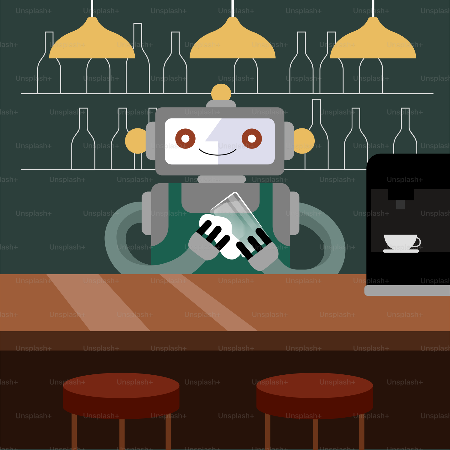 A robot sitting at a bar with a cell phone