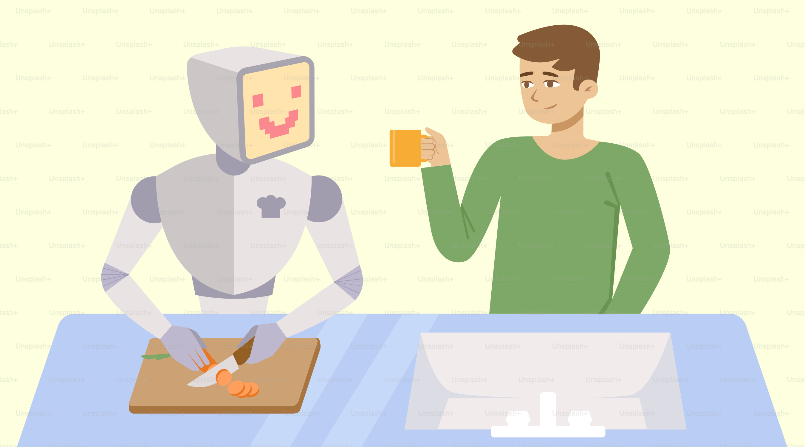 A man standing in front of a robot next to a sink