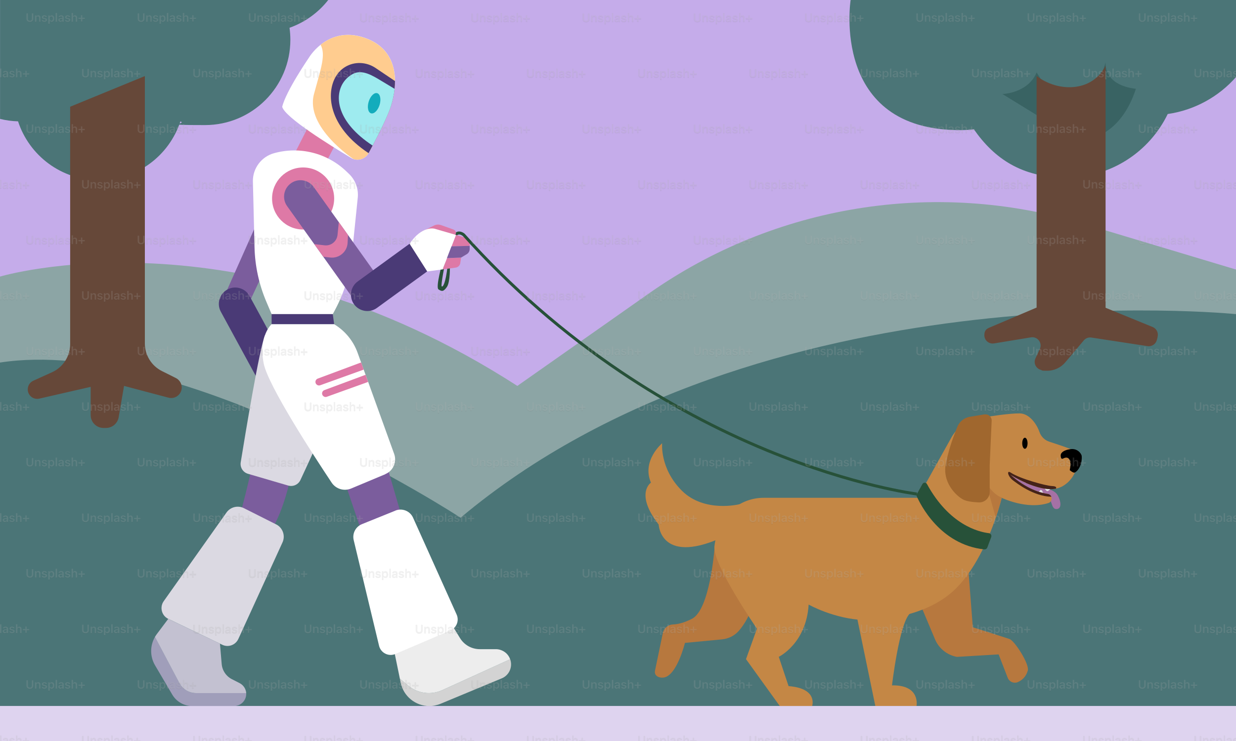 A man in a space suit walking a dog