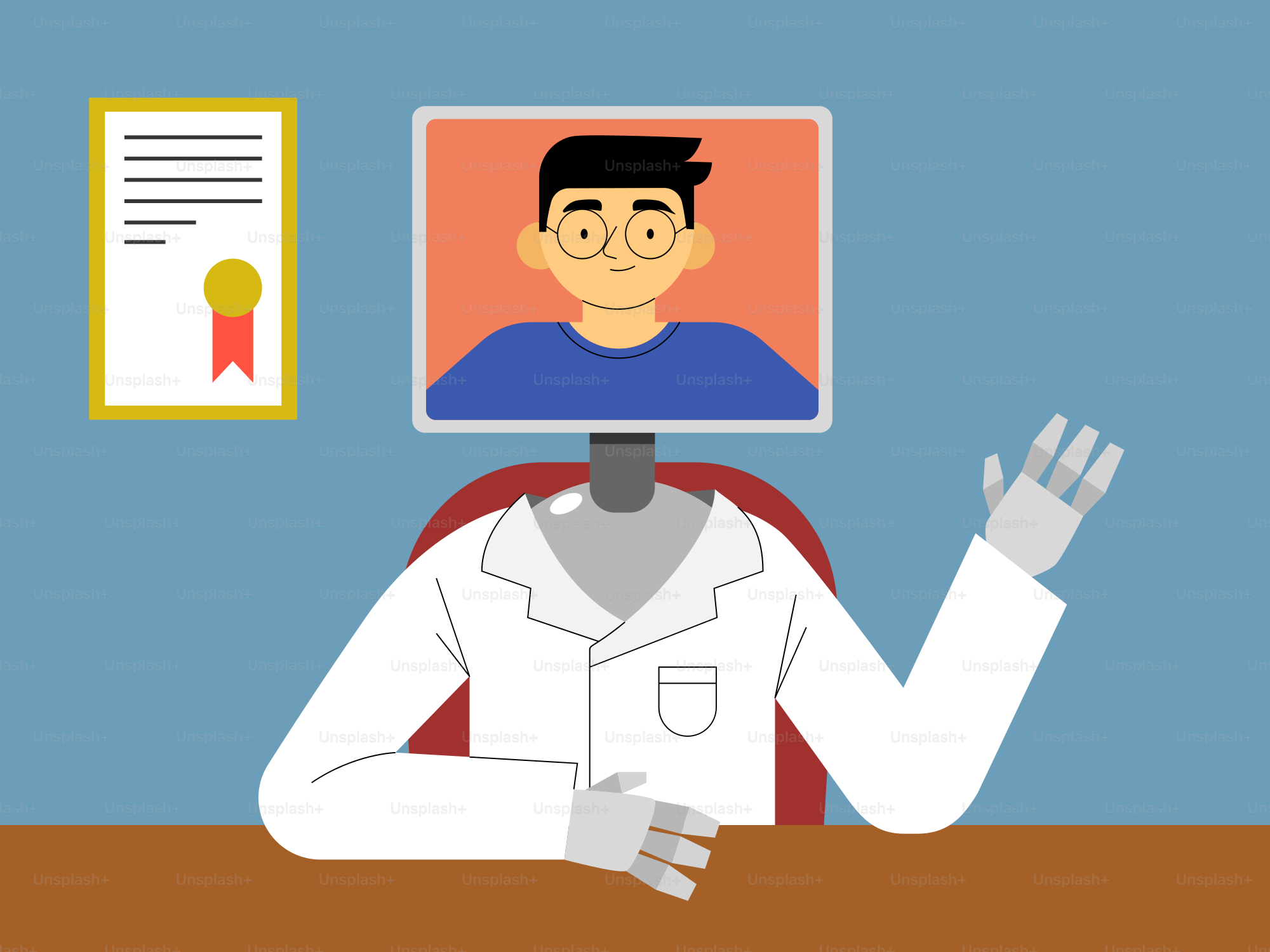 A man sitting at a desk with a computer on his head