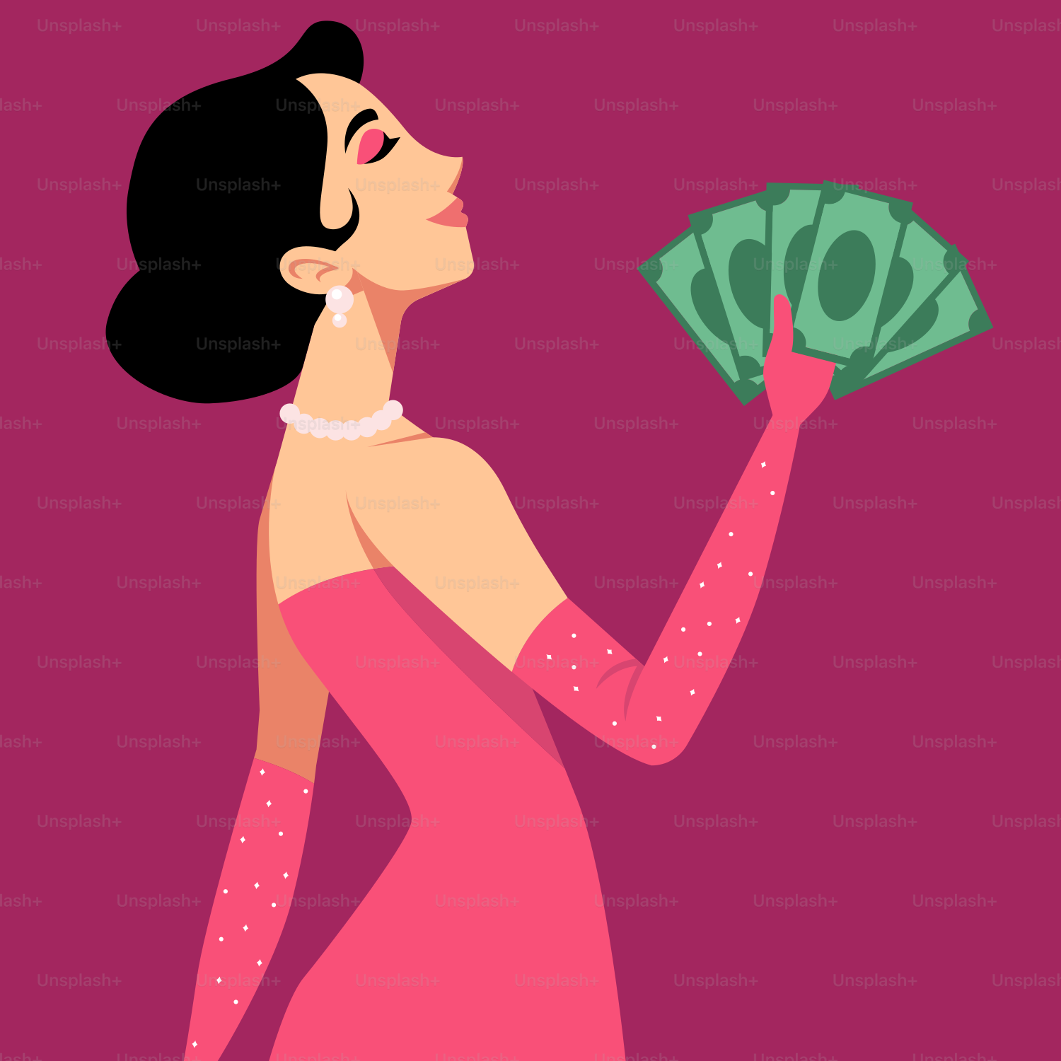 A woman in a pink dress holding a fan of money
