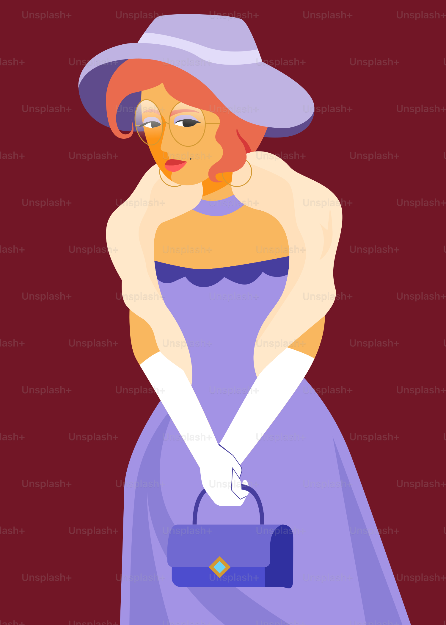 A woman in a purple dress and hat