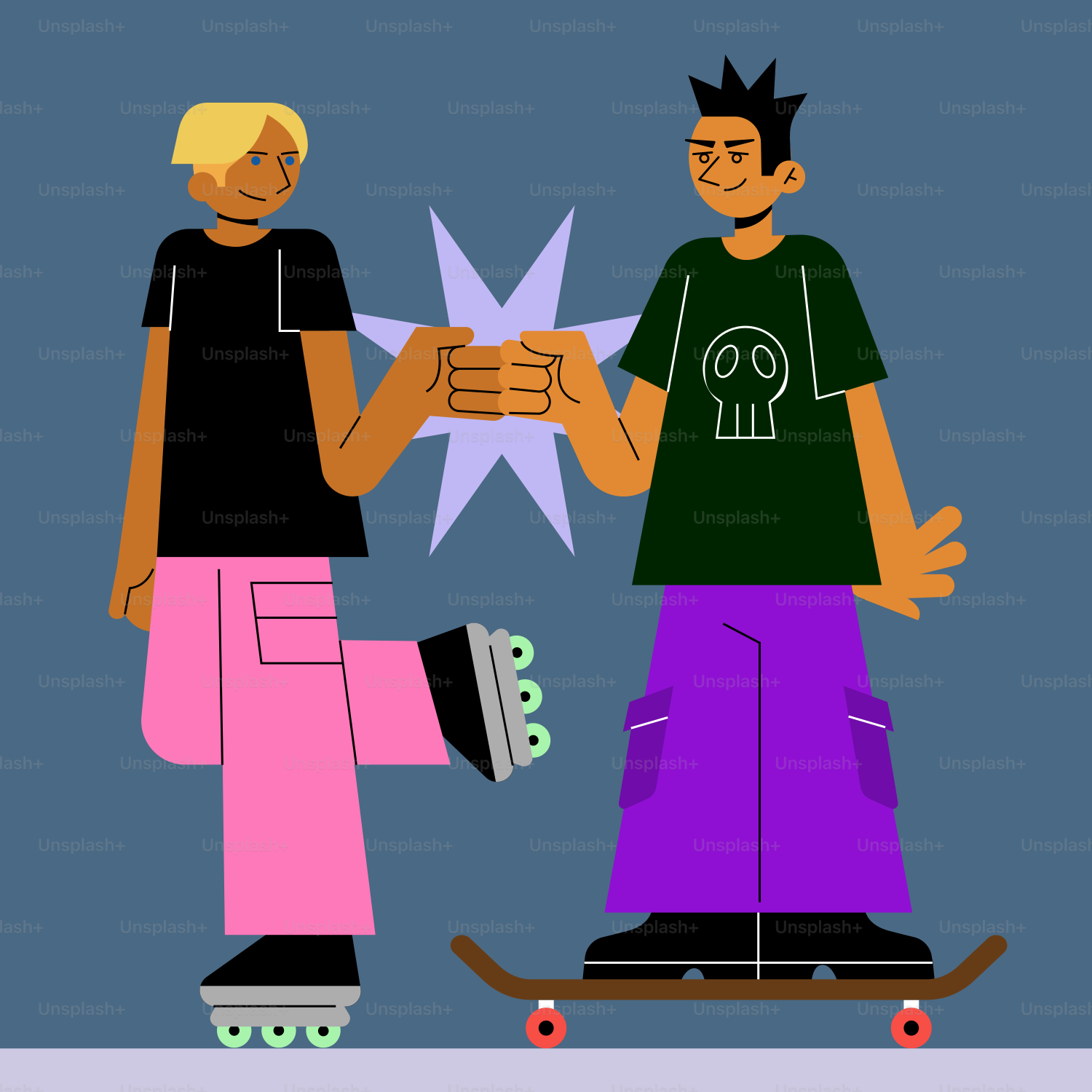 Deux hommes debout côte à côte sur un skateboard