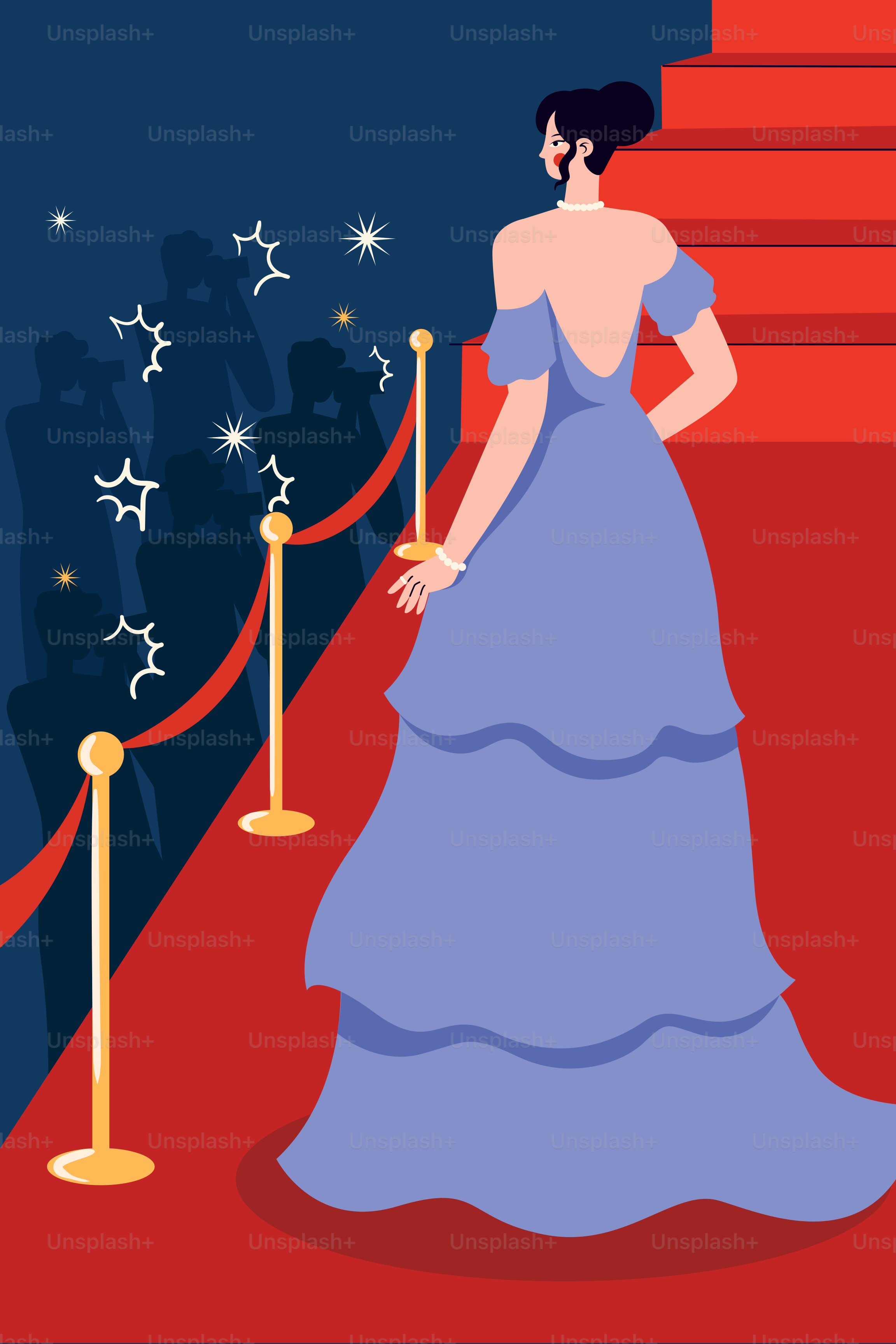 Una mujer con un vestido azul de pie sobre una alfombra roja