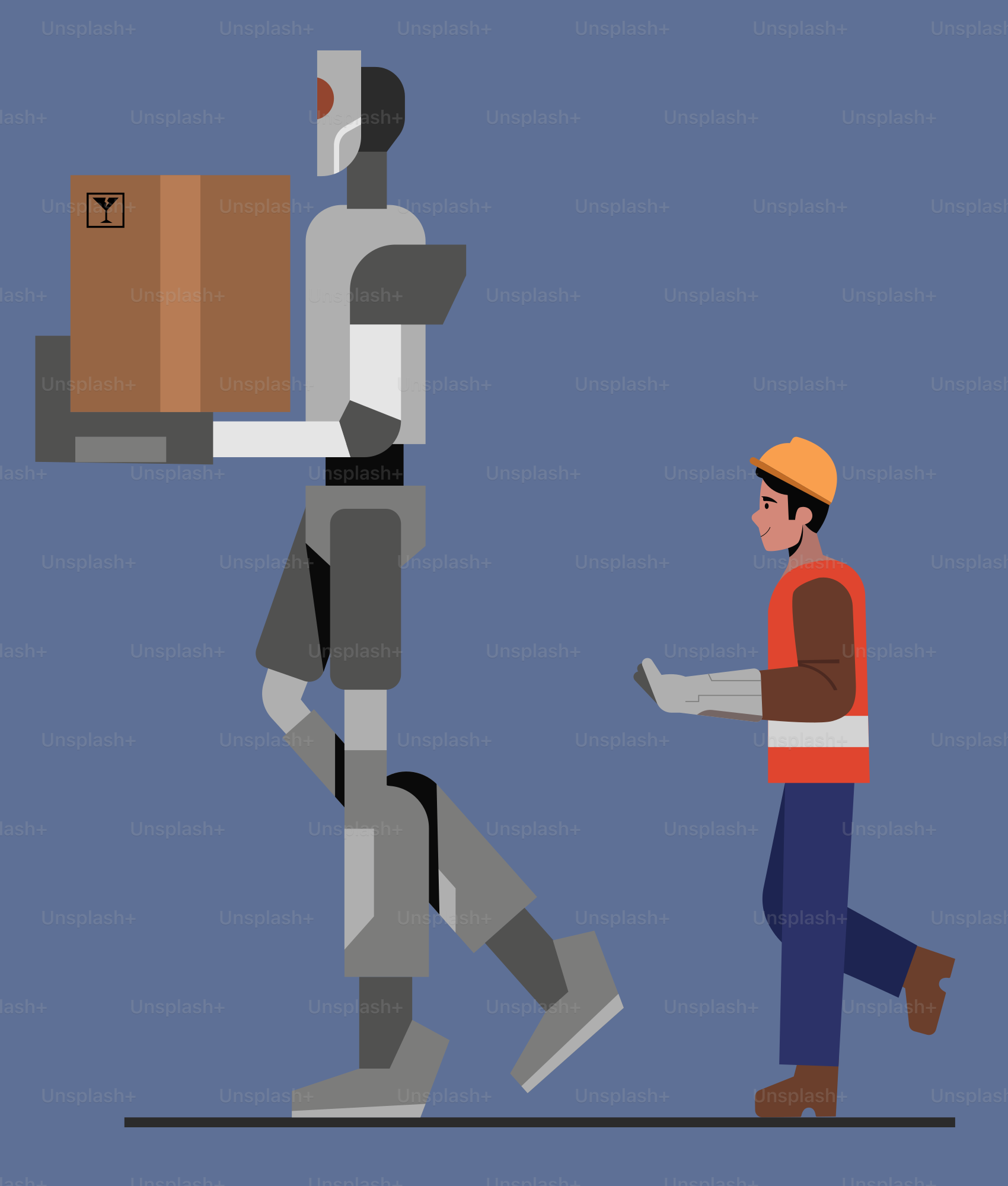 A man walking with a robot holding a box