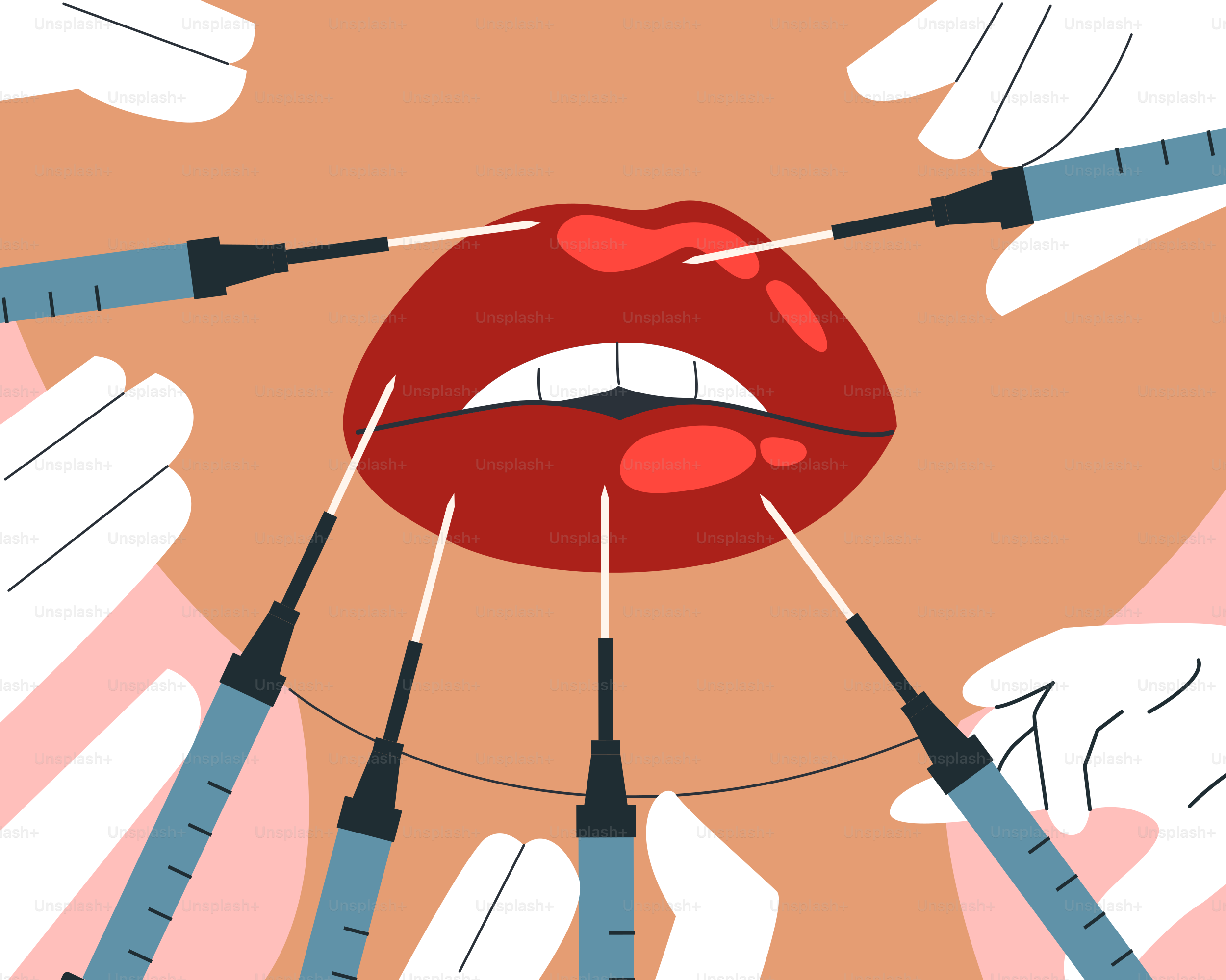 A woman's mouth is surrounded by medical hands